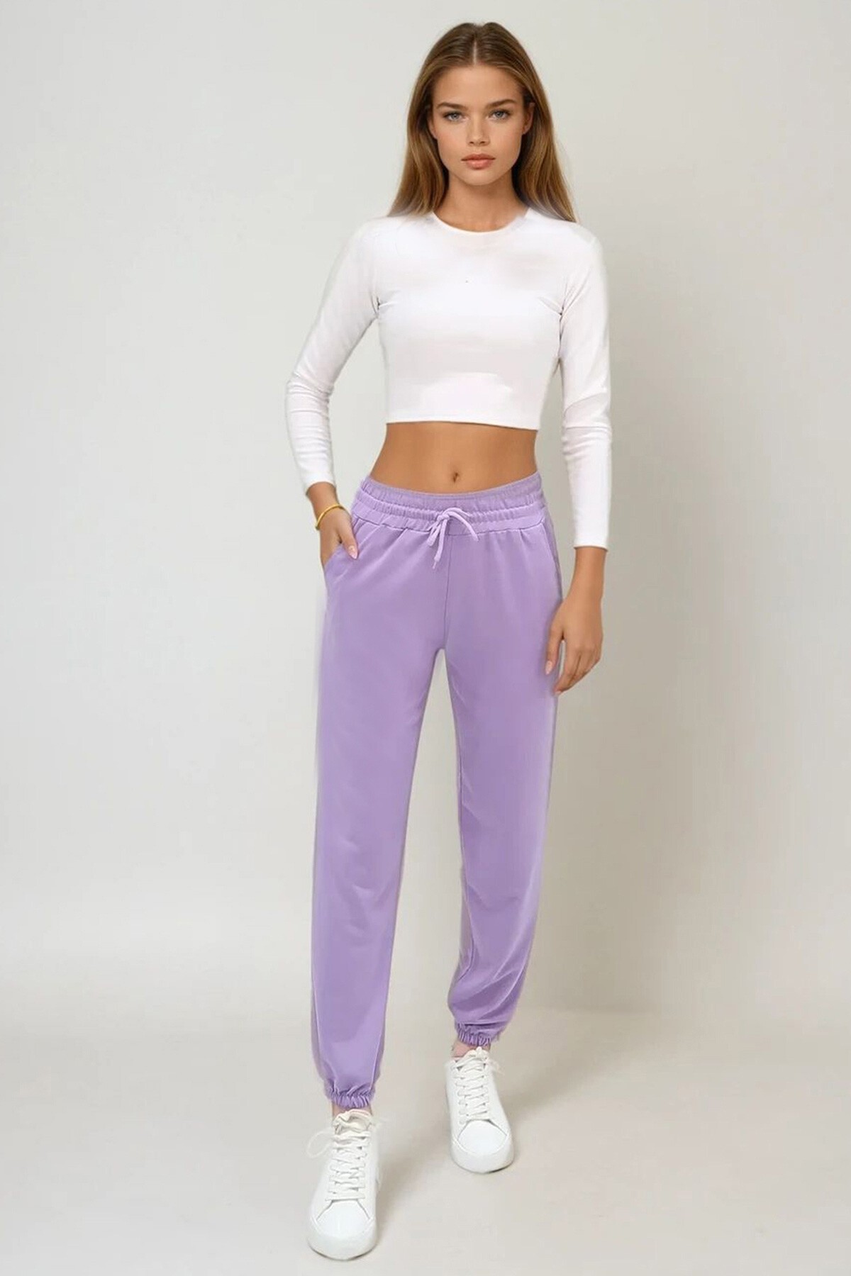 Lila Paçası Lastikli İki İplik Eşofman Altı