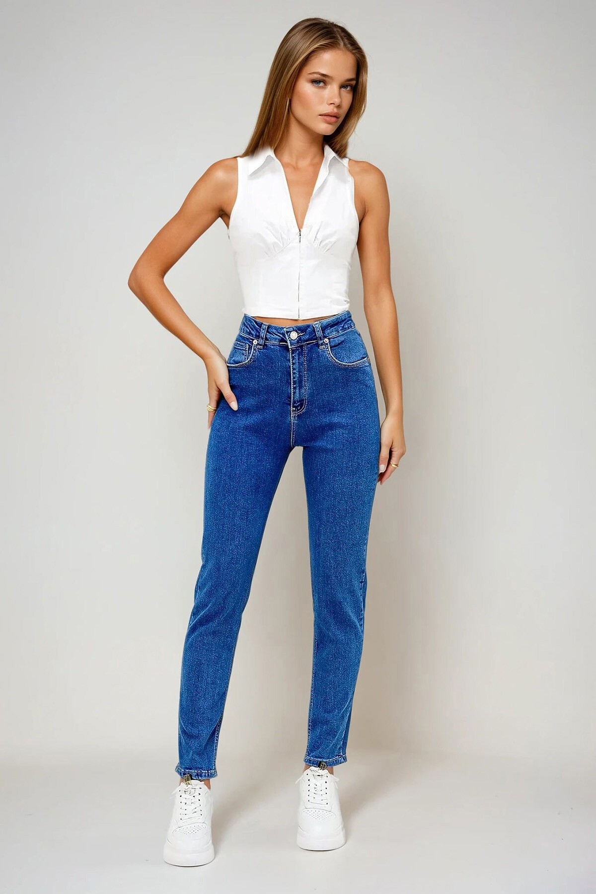 Mavi 5 Cep Yıkamalı Boru Paça Likralı Jean Pantolon