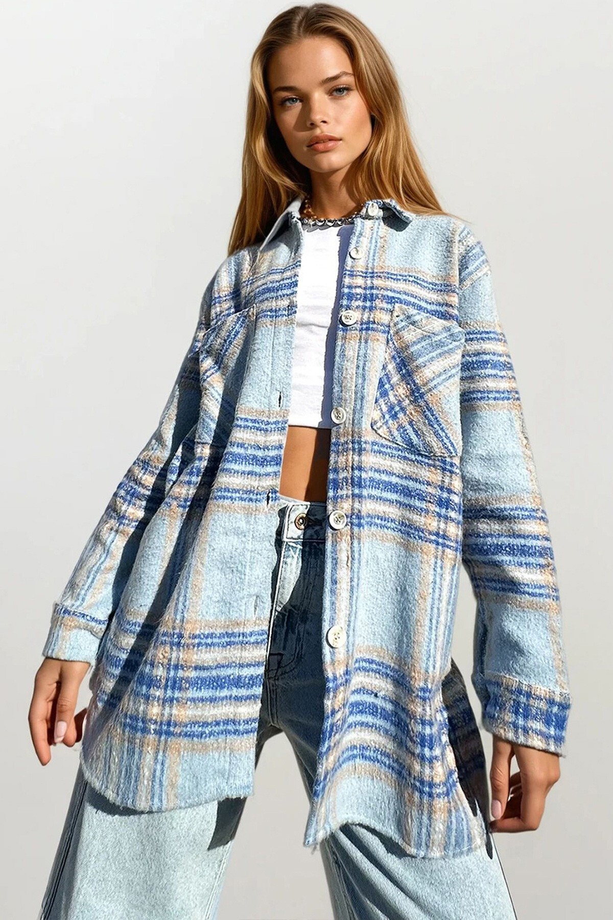 Mavi-Bej Ekose Desenli Kaşe Pamuklu Oversize Safari Ceket Gömlek