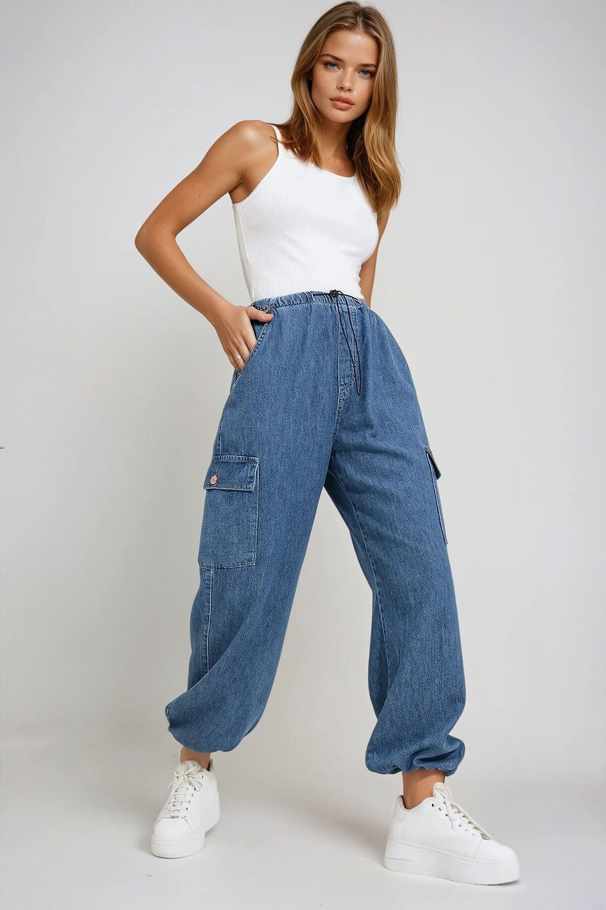 Mavi Beli Ve Paçası Lastikli Cepli Kargo Jogger Pantolon