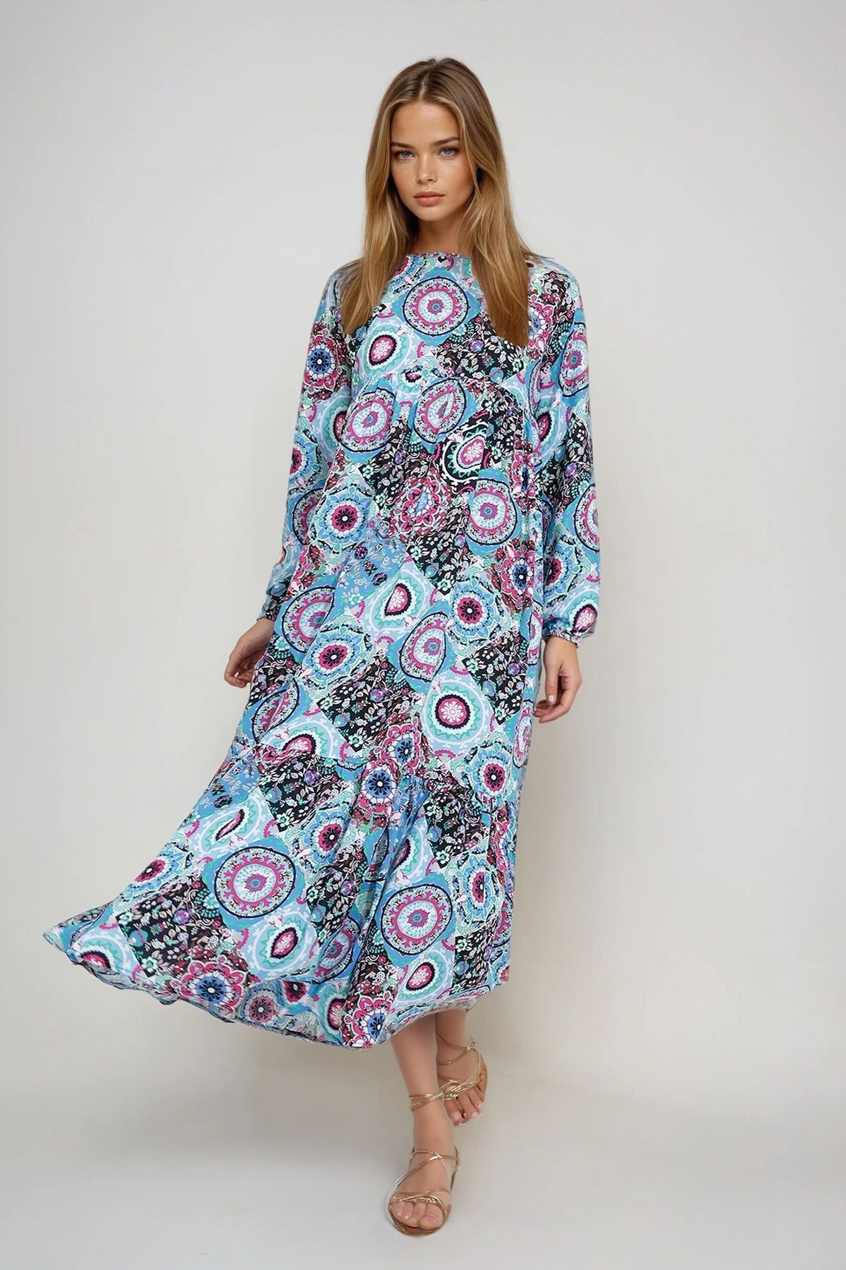 Mavi Bisiklet Yaka Kat Kat Valonlu Dokuma Elbise