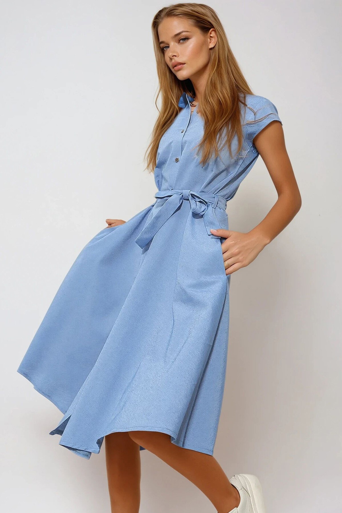 Mavi Kolsuz Keten Dokuma Gömlek Elbise