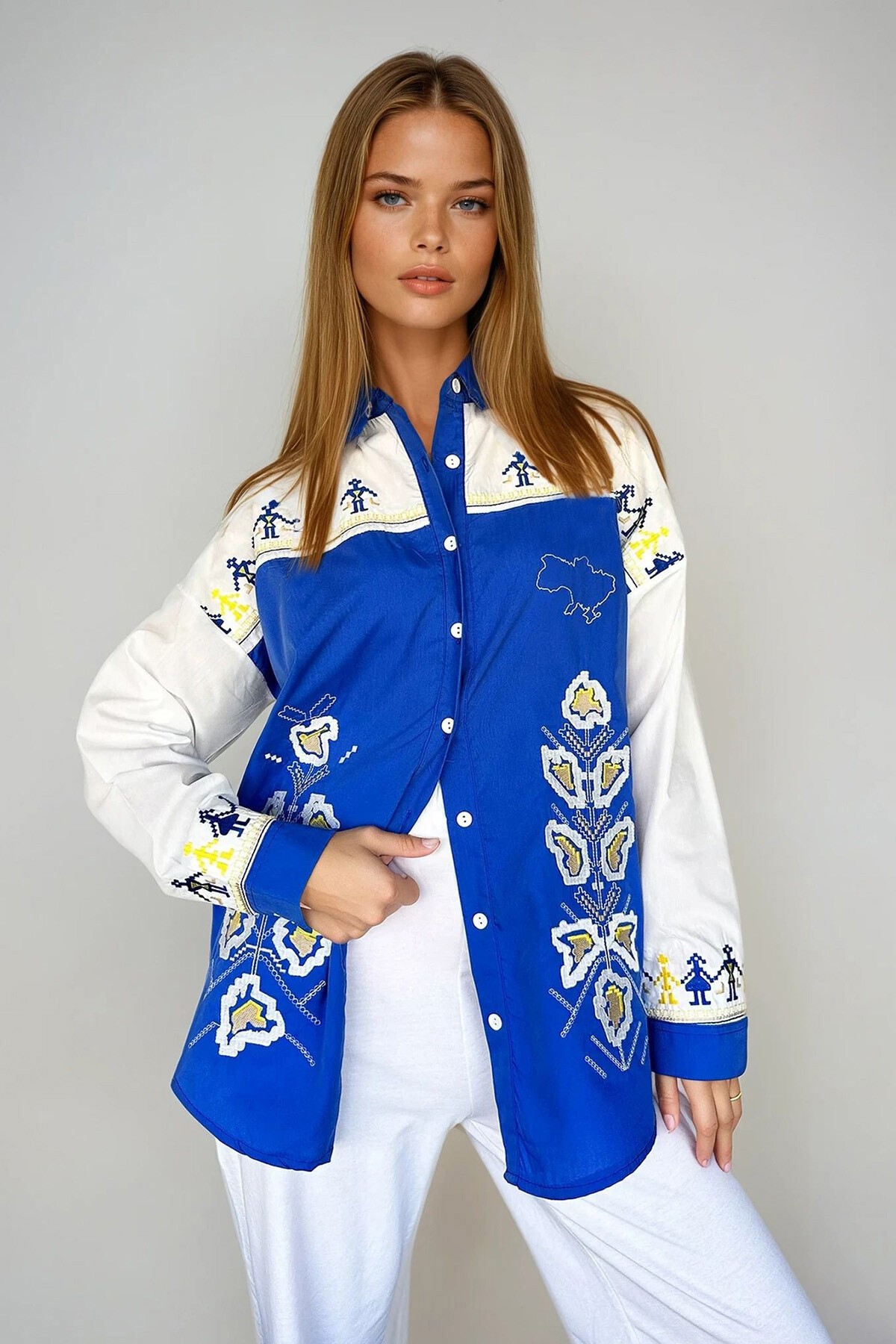 Mavi Nakışlı Poplin Oversize Gömlek