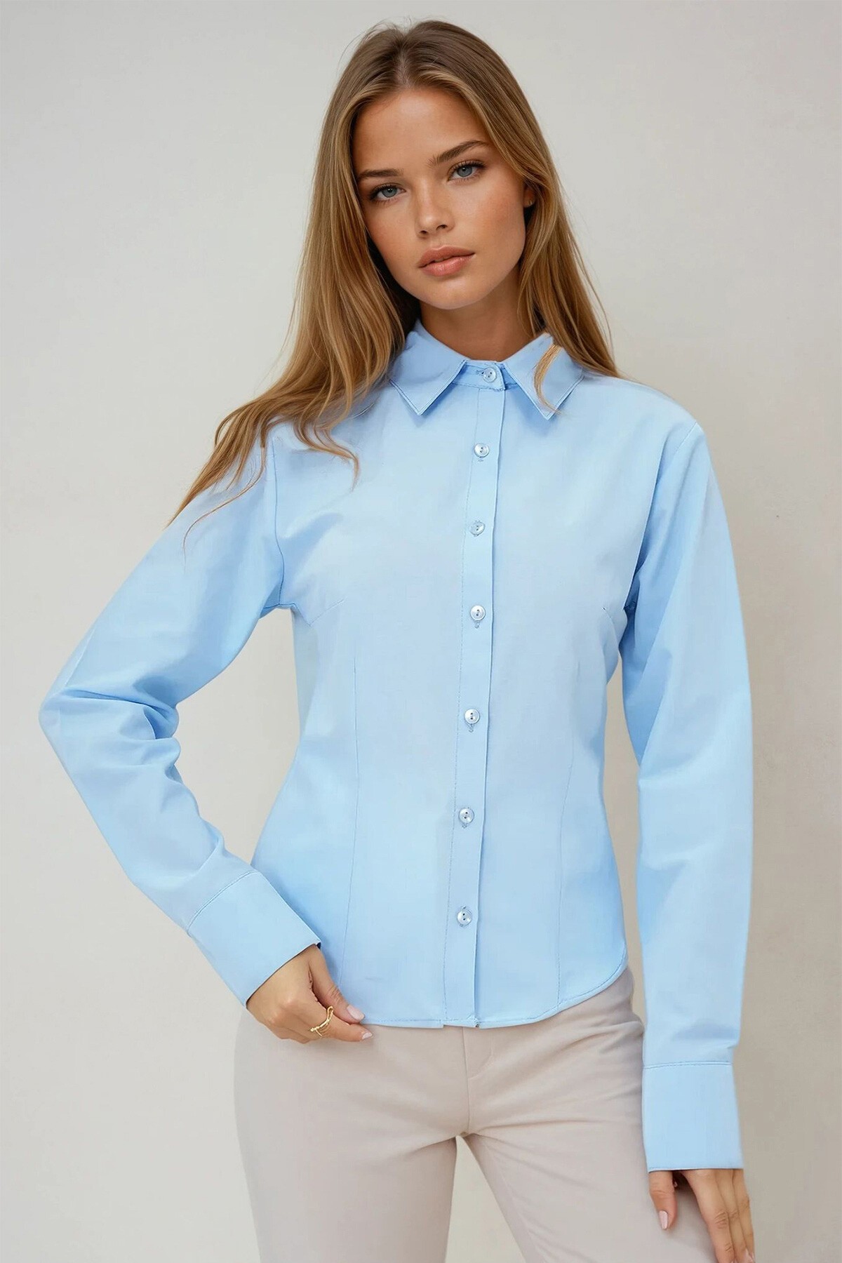 Mavi Önü Ve Arkası Pensli Belden Oturtmalı Poplin Gömlek