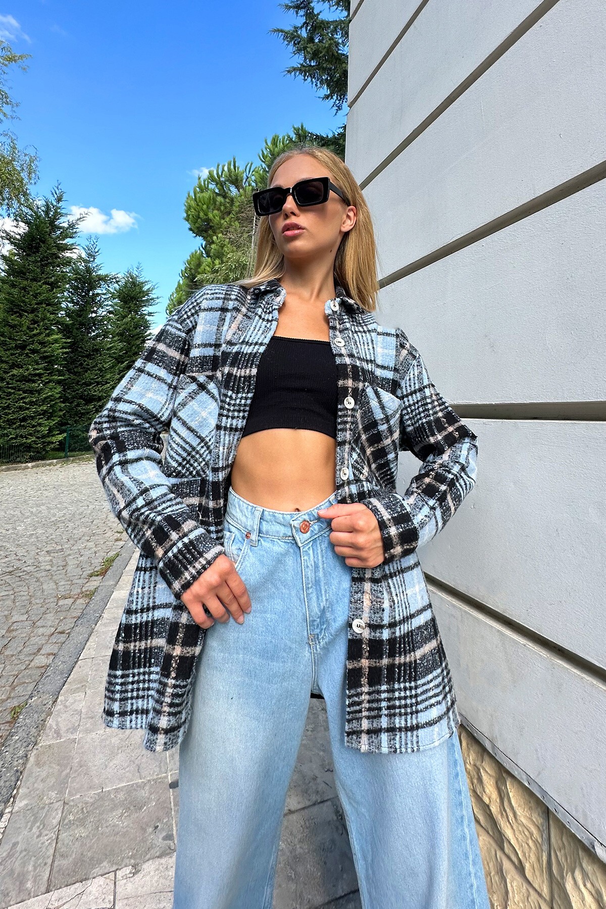 Mavi Siyah Ekose Desenli Kaşe Pamuklu Oversize Safari Ceket Gömlek