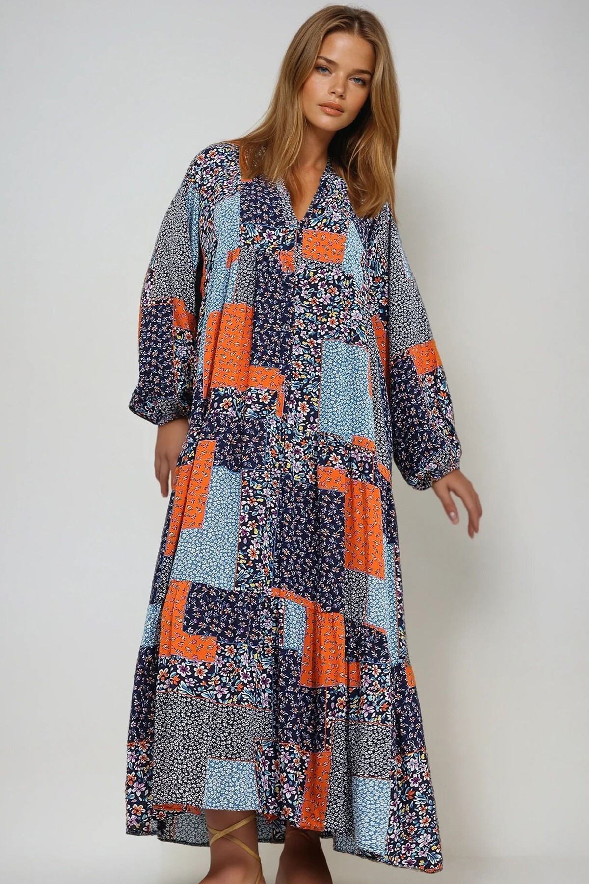 Mavi Turuncu Hakim Yaka Şal Desenli Maxi Boy Elbise