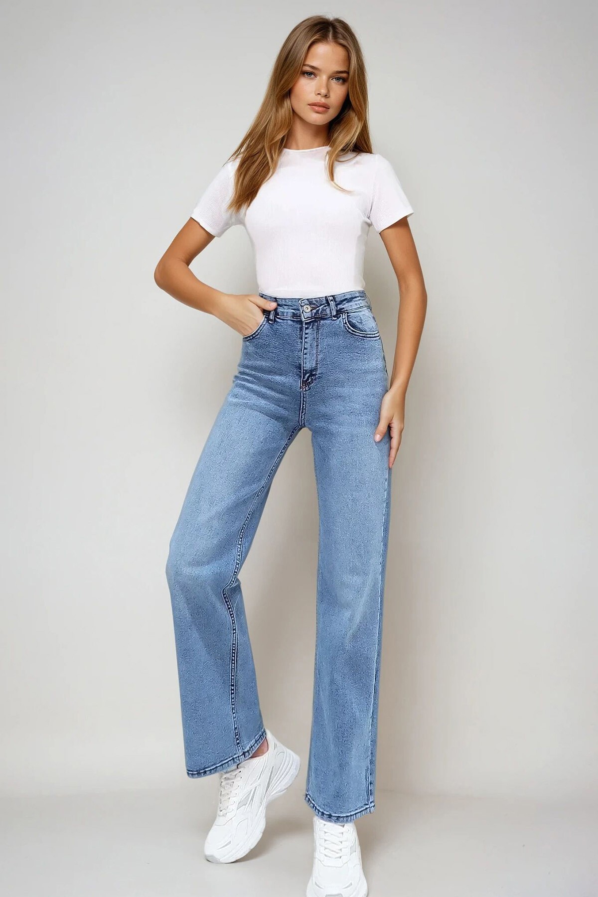 Mavi Yüksek Bel Yıkamalı Wide Leg Jean Pantolon