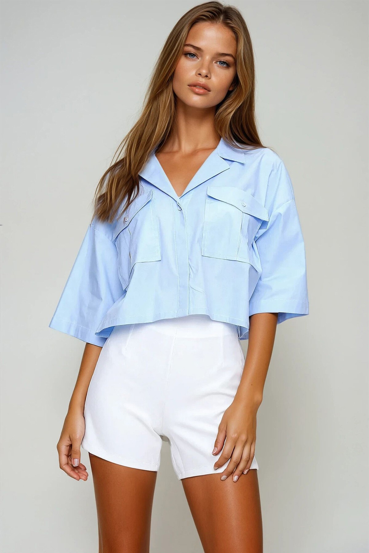 Mavi Zarf Cepli Crop Poplin Gömlek