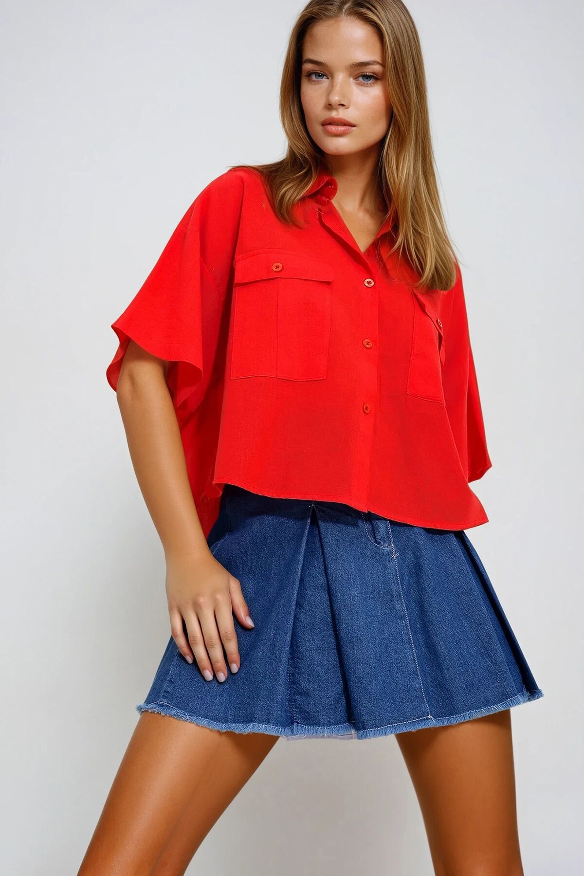 Mercan Çift Cepli Yarım Kol Keten Gömlek