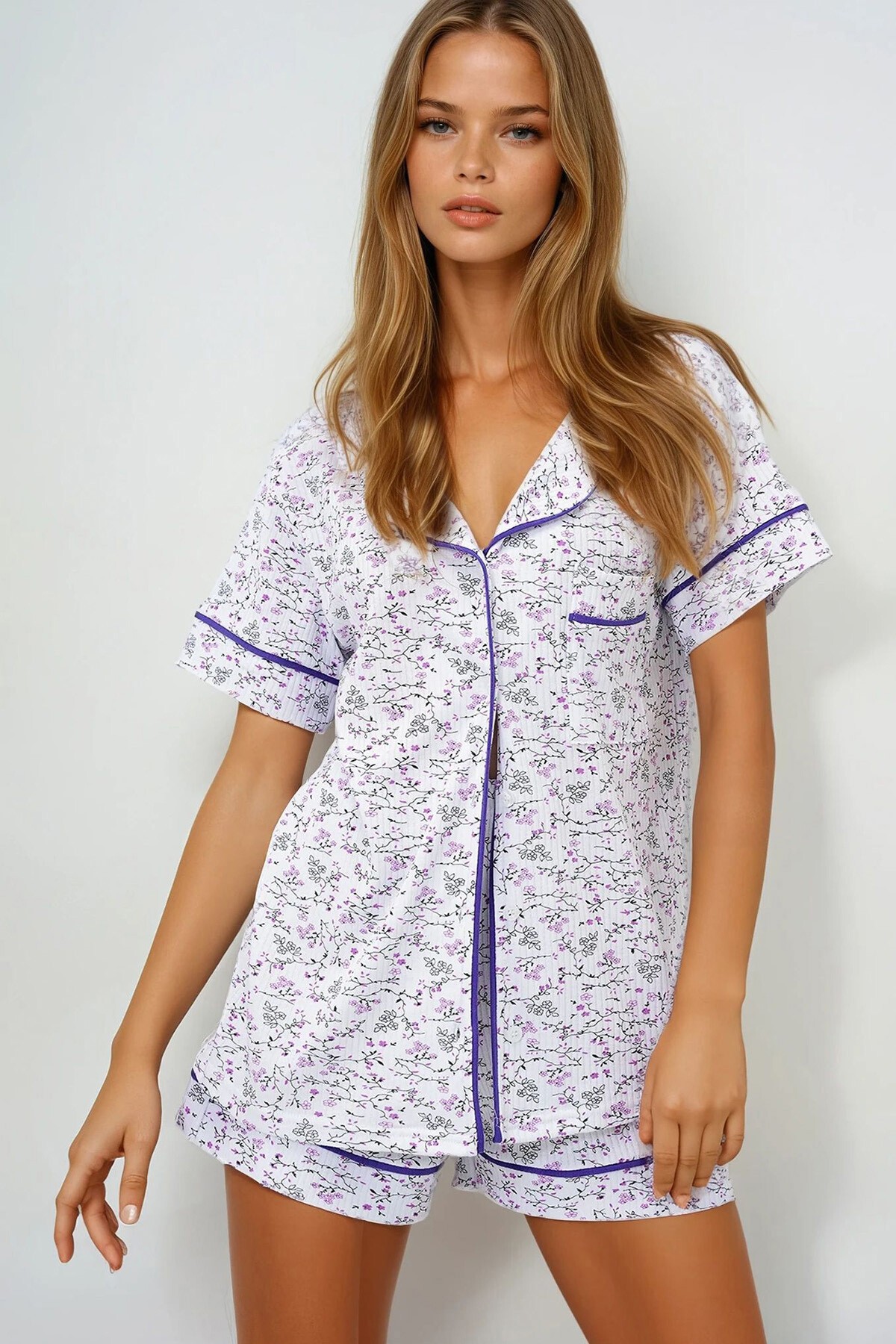 Mikro Çiçek Mor Tek Cepli Biye Detaylı Pamuklu Gömlek Ve Şortlu Pijama Takımı