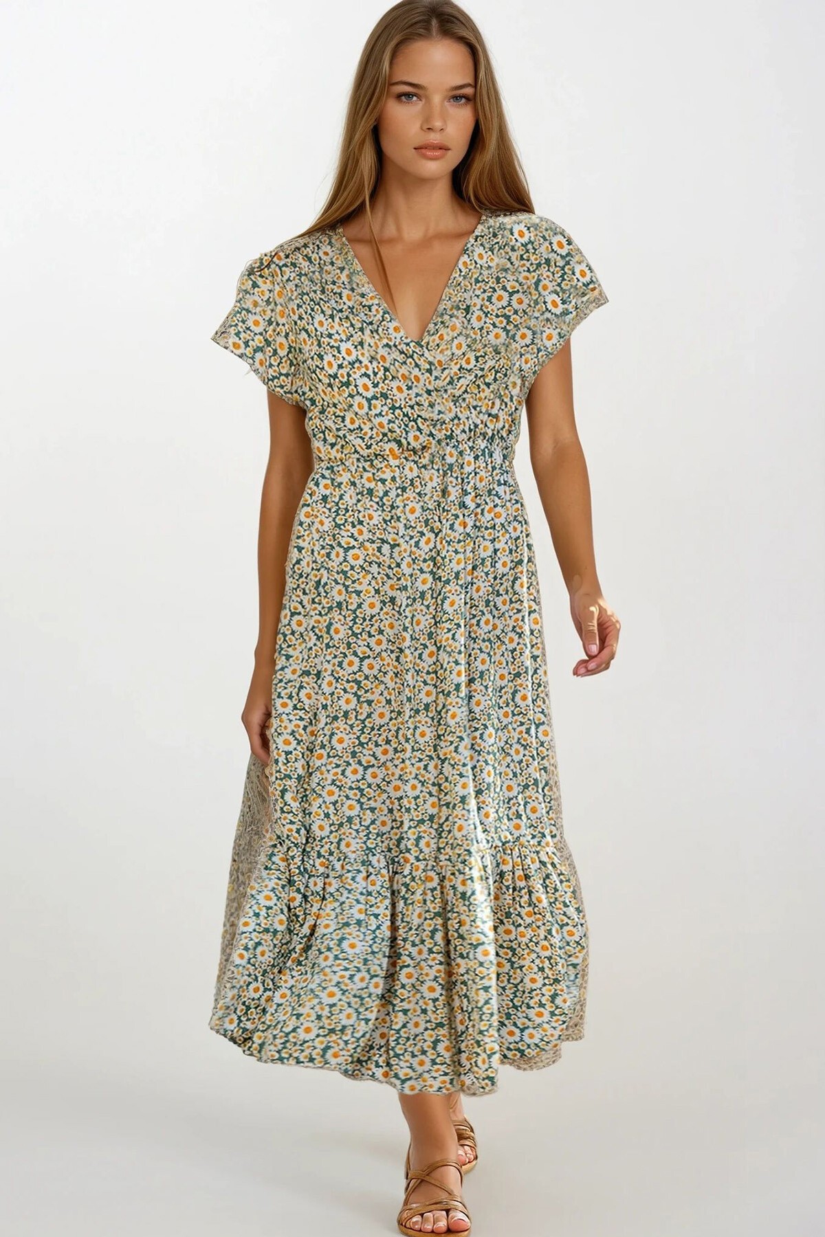 Mint Çiçek Desenli Kruvaze Maxı Boy Elbise