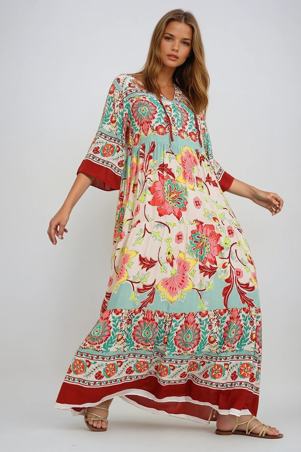 Mint Önden Bağcıklı Desenli Dokuma Viskon Elbise