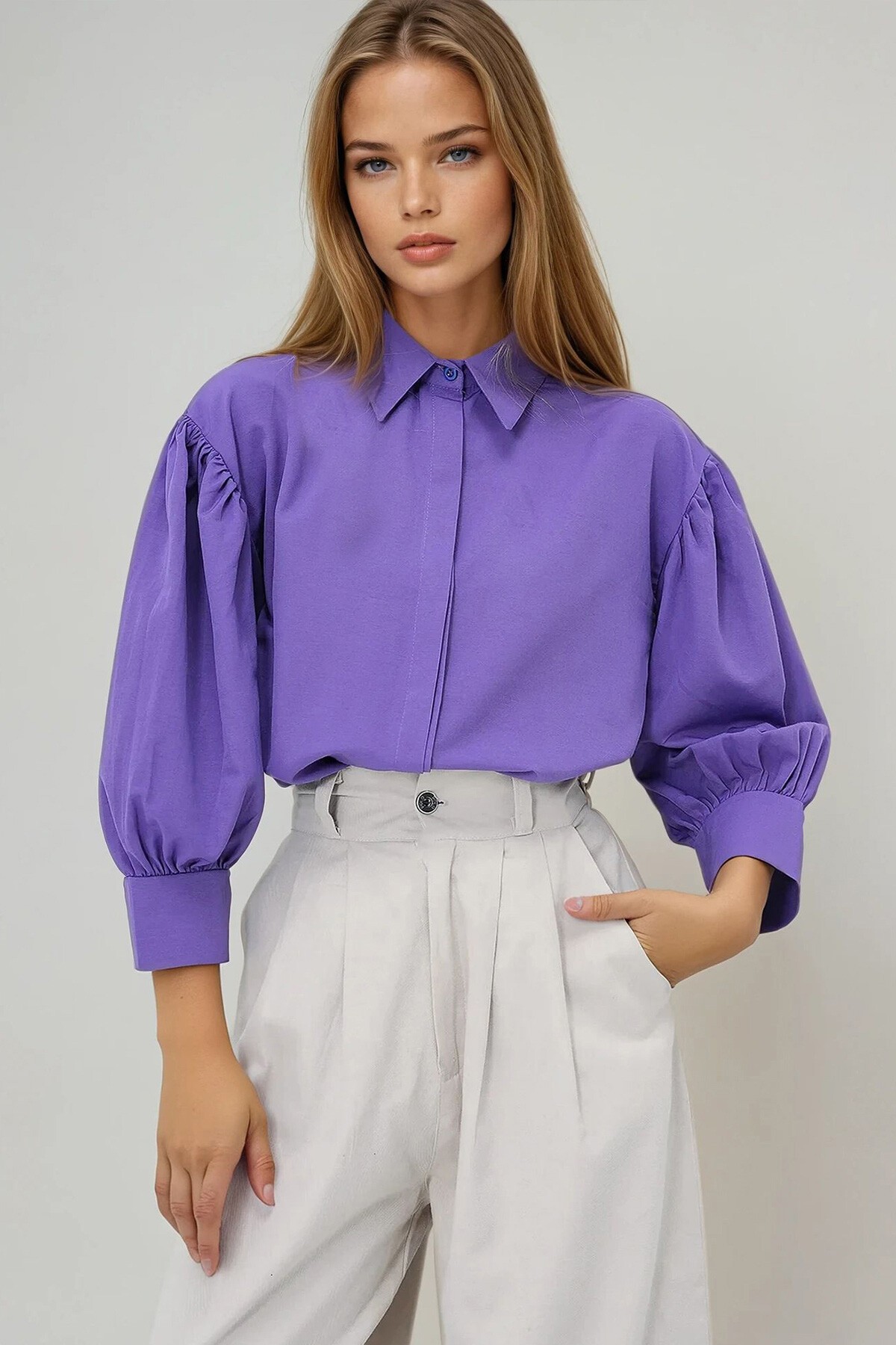 Mor Balon Kol Gizli Patlı Basic Poplin Gömlek