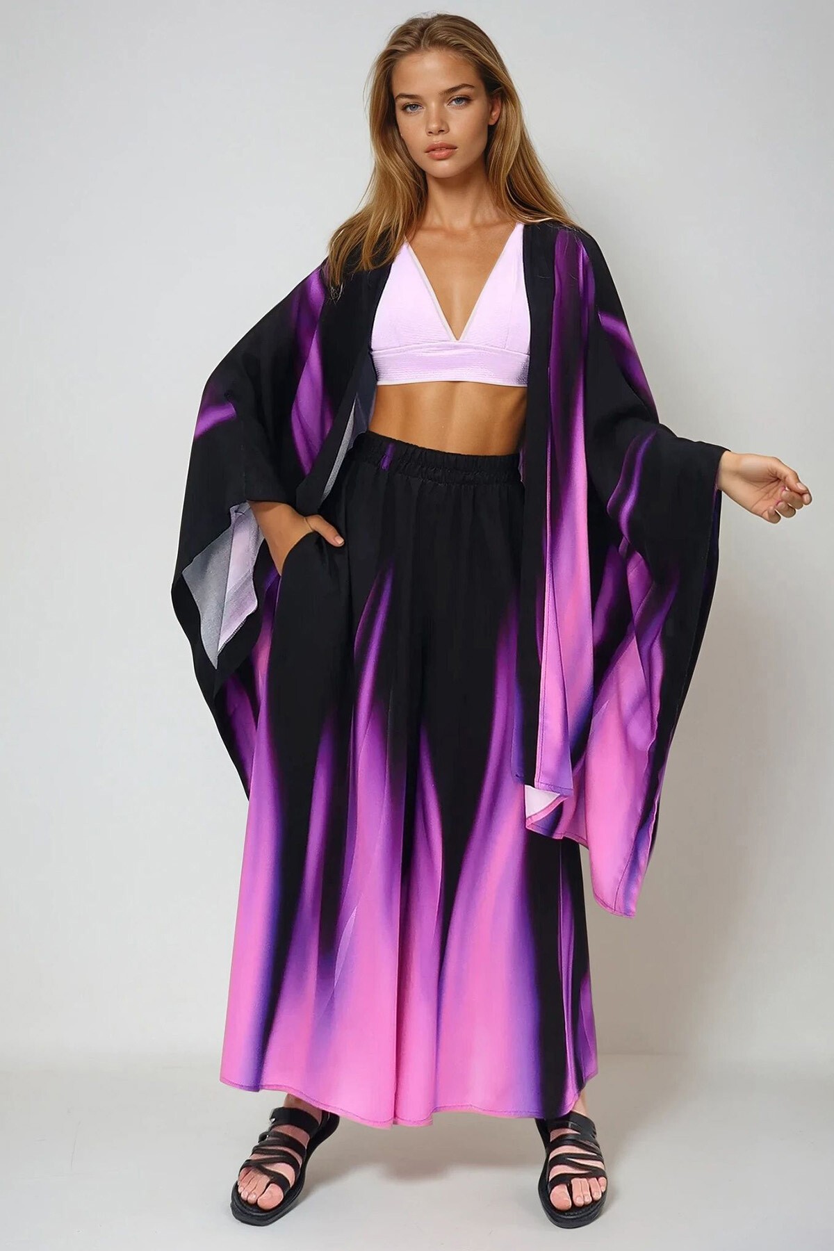 Mor Oversize Dokuma Uzun Kimono Ve Çift Cep Etekli Pantolon Takım