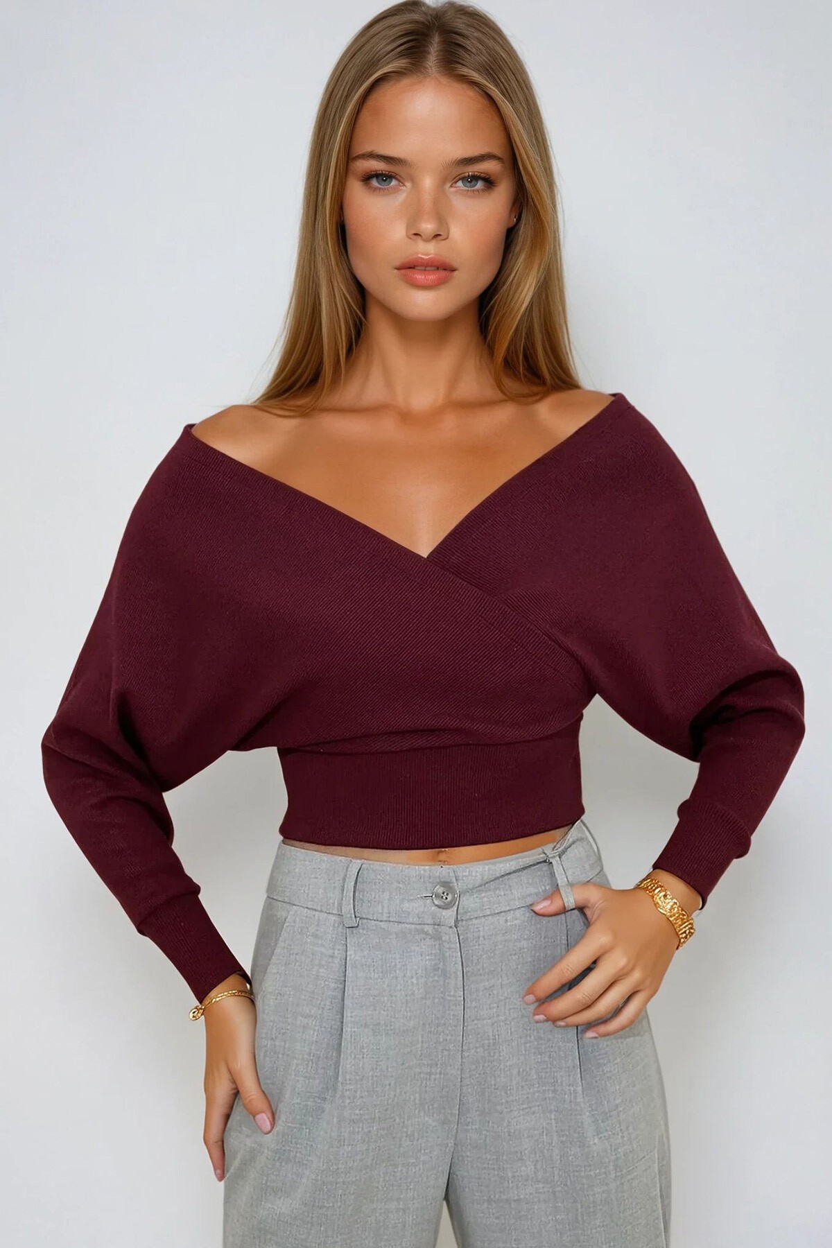 Mürdüm Ön Arka V Yaka Kruvaze Bluz