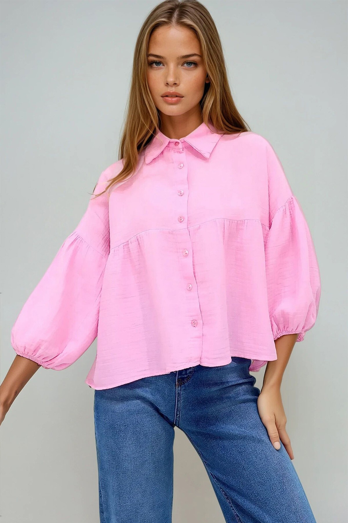 Pembe Balon Kol Lastikli Eteği Volanlı Keten Gömlek