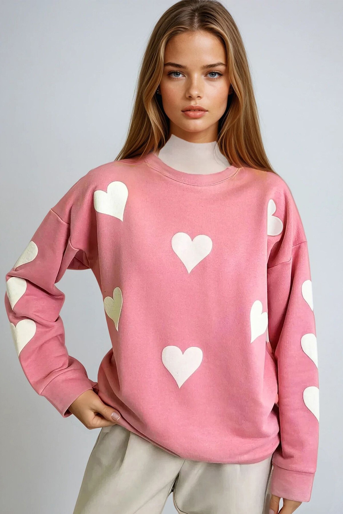 Pembe Bisiklet Yaka Kalp Baskılı 2 İplik Oversize Sweatshırt