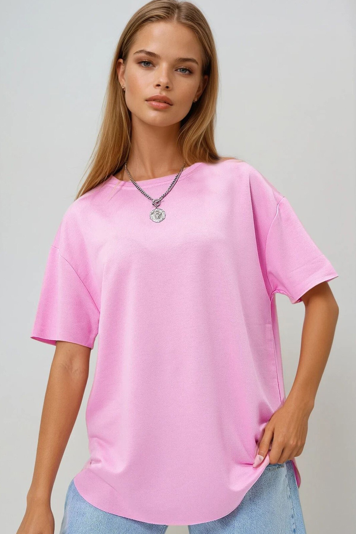 Pembe Bisiklet Yaka Oval Kesim Modal T Shirt