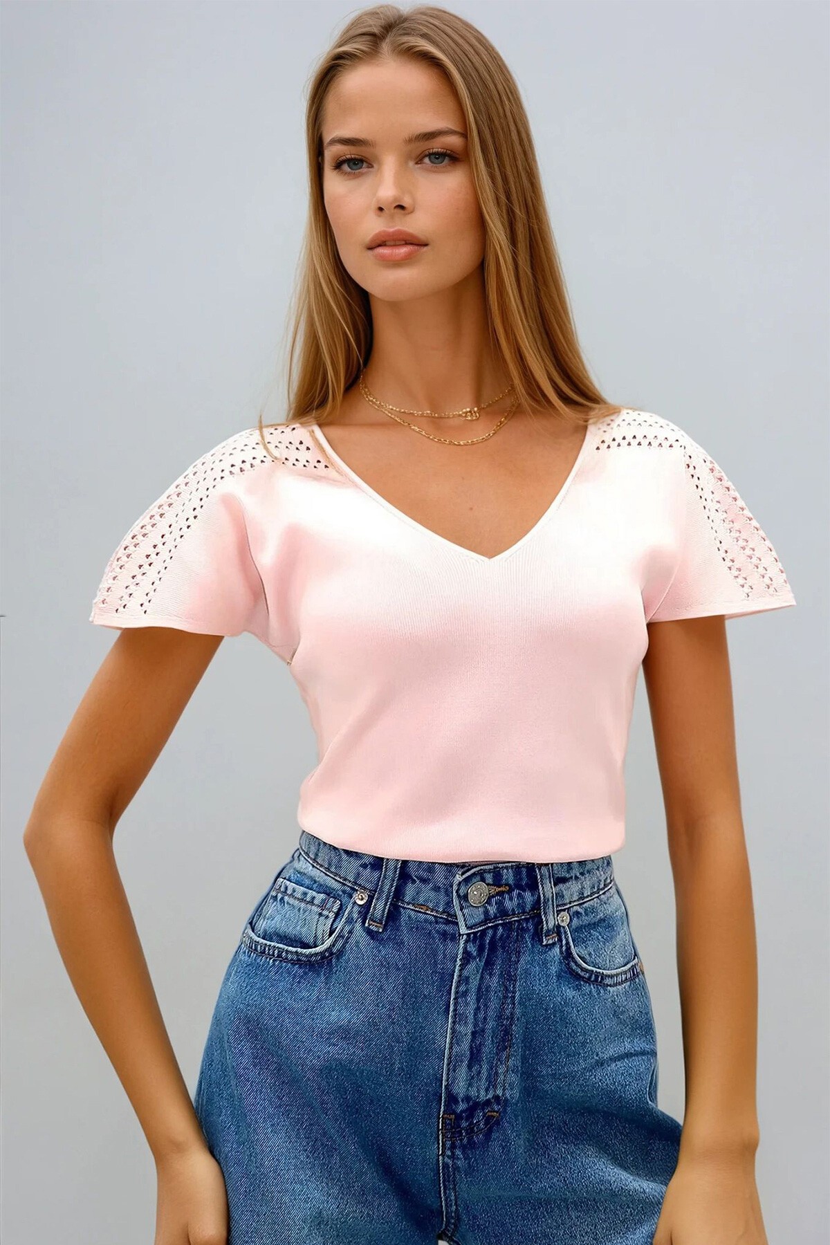 Pembe Ön Arka V Yaka Omuzu Ajurlu Triko Bluz