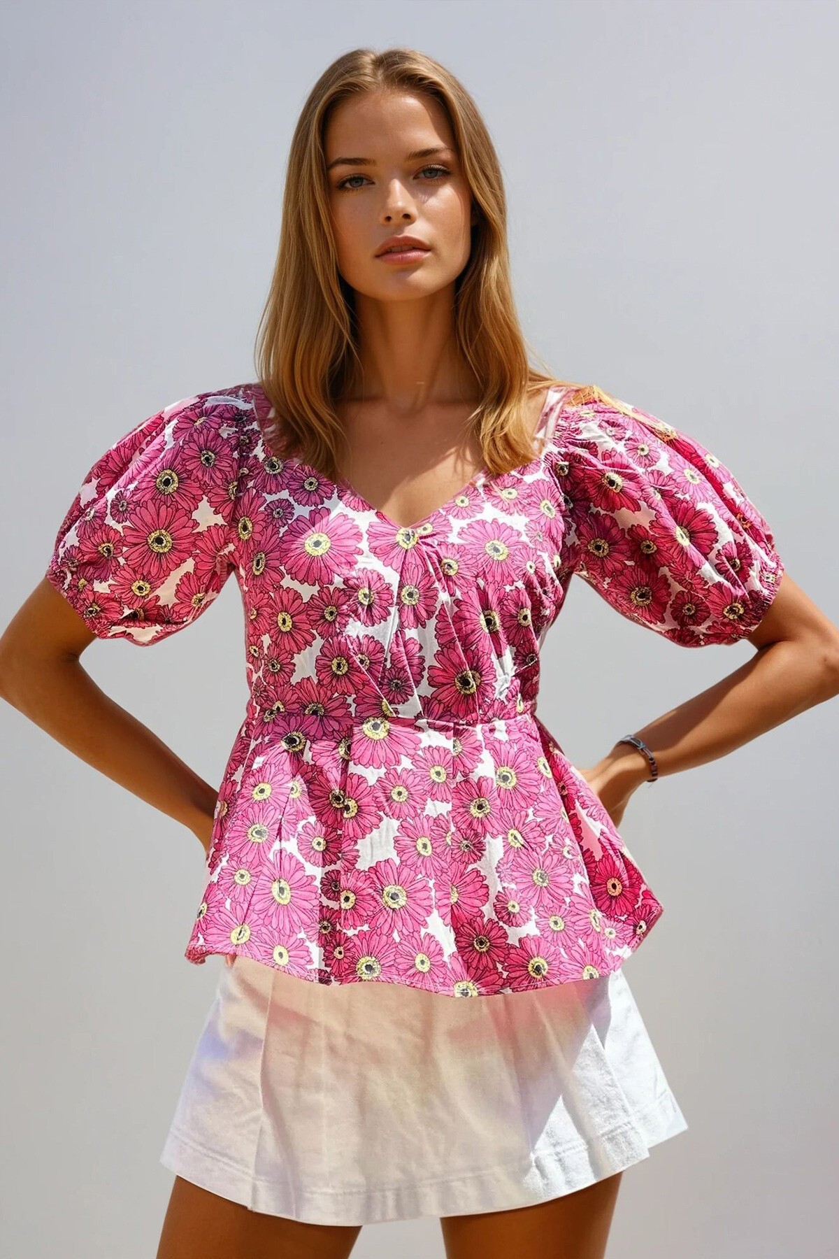 Pembe Öpücük Yaka Karpuz Kol Desenli Poplin Bluz