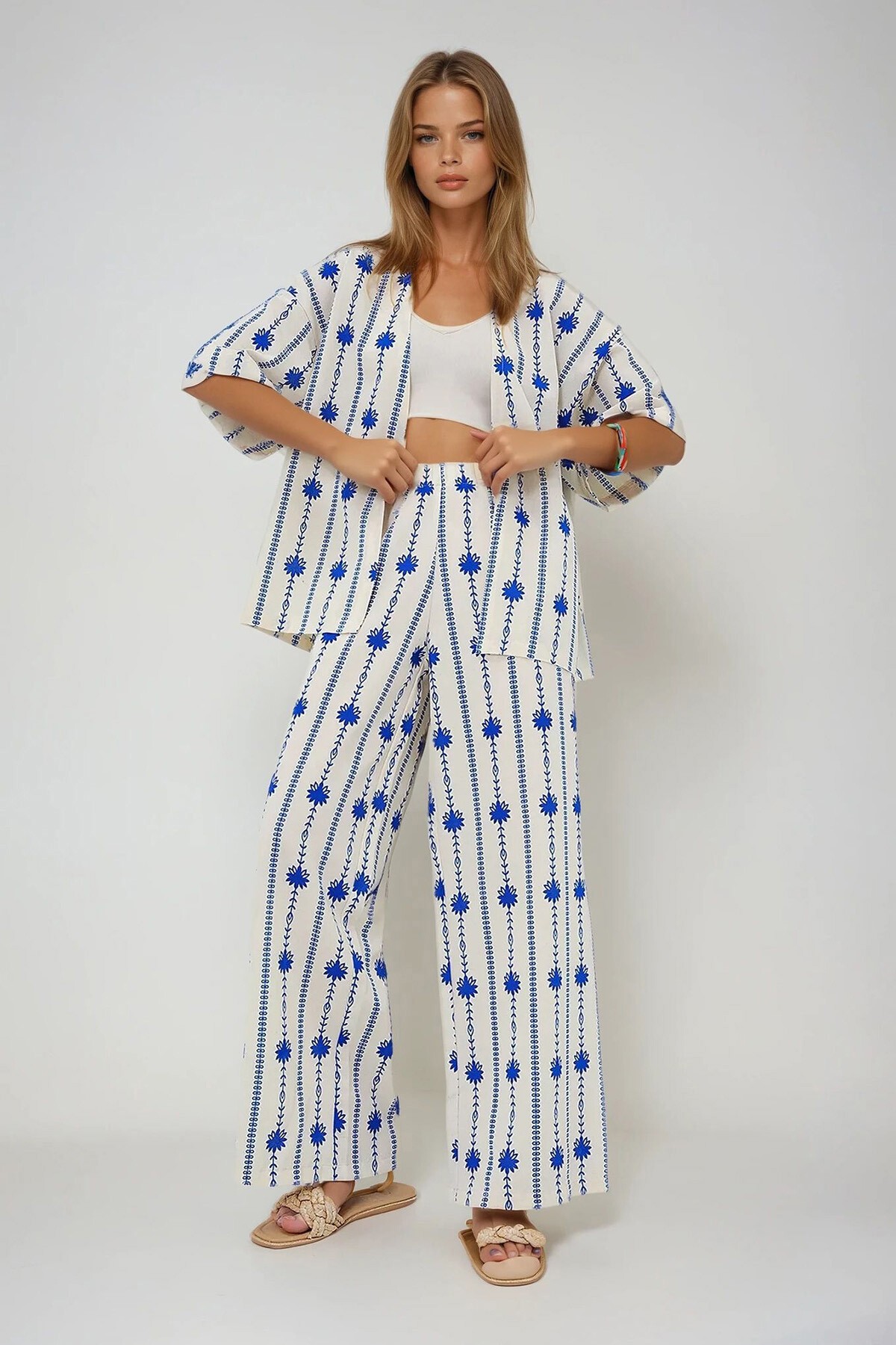 Saks Çiçek Desenli Duble Kol Kimono Ve Palazzo Pantolon Keten Takım