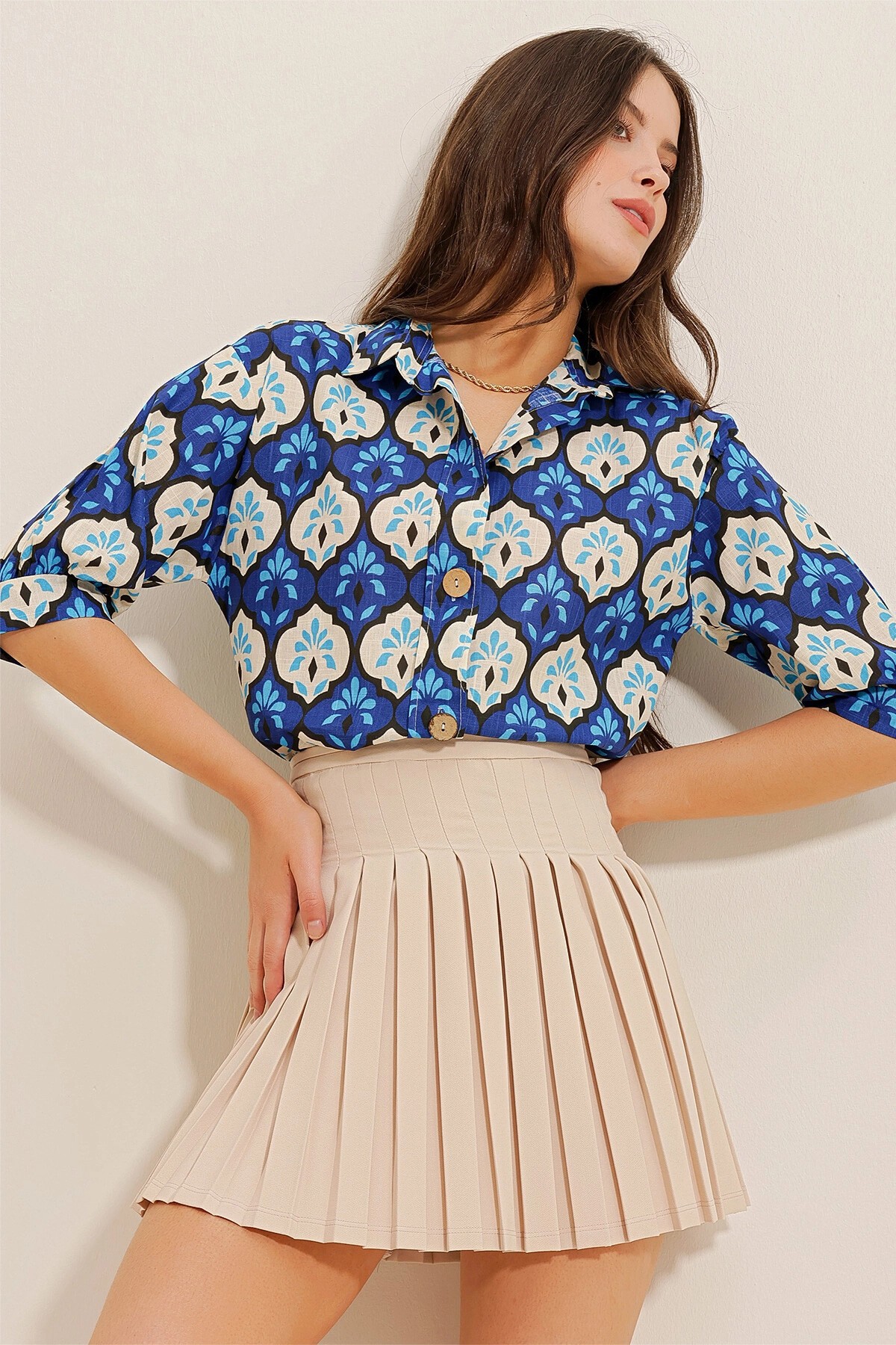 Saks Karpuz Kollu Çini Desenli Gömlek