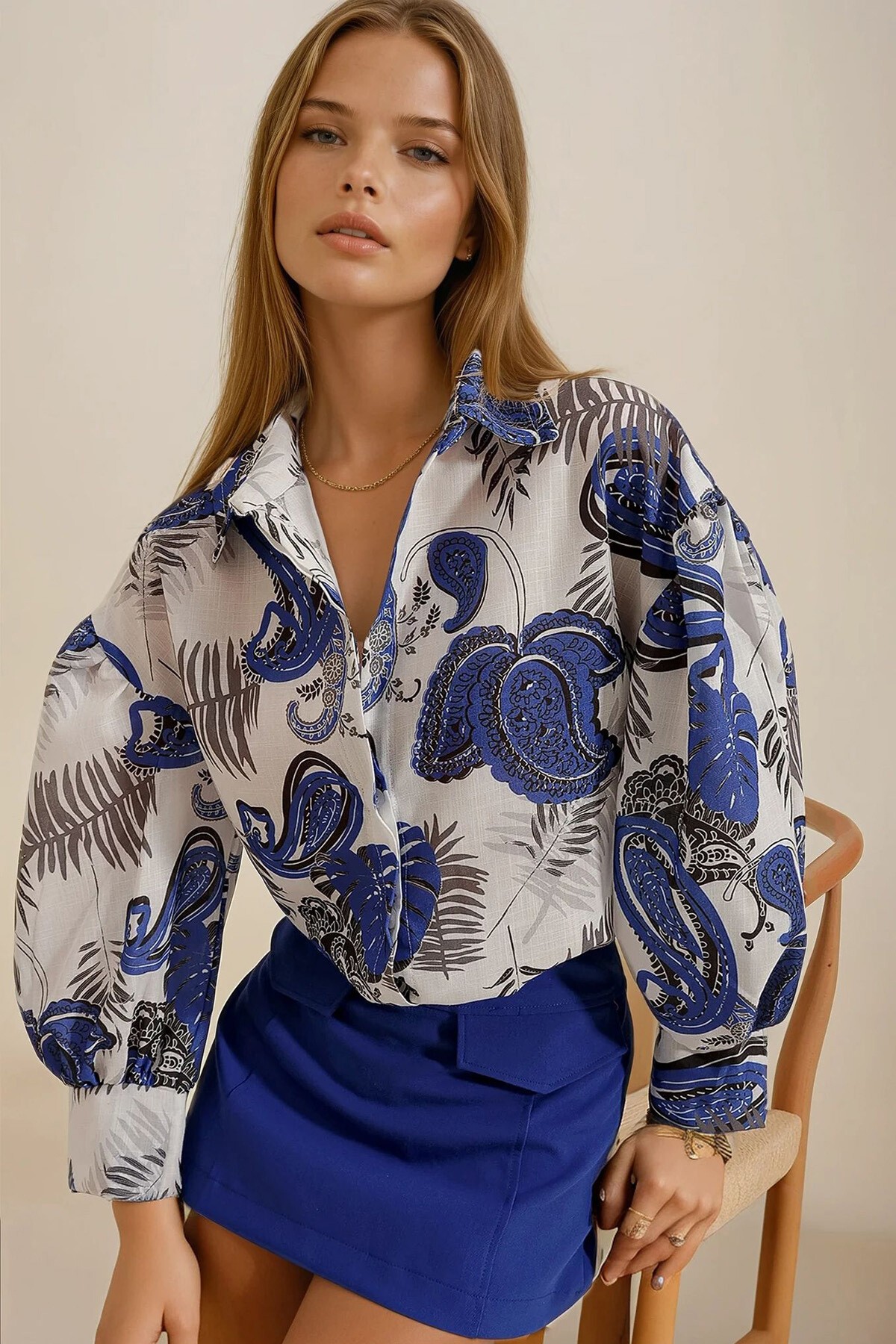 Saks Prenses Etnik Desenli Flamlı Keten Dokuma Gömlek