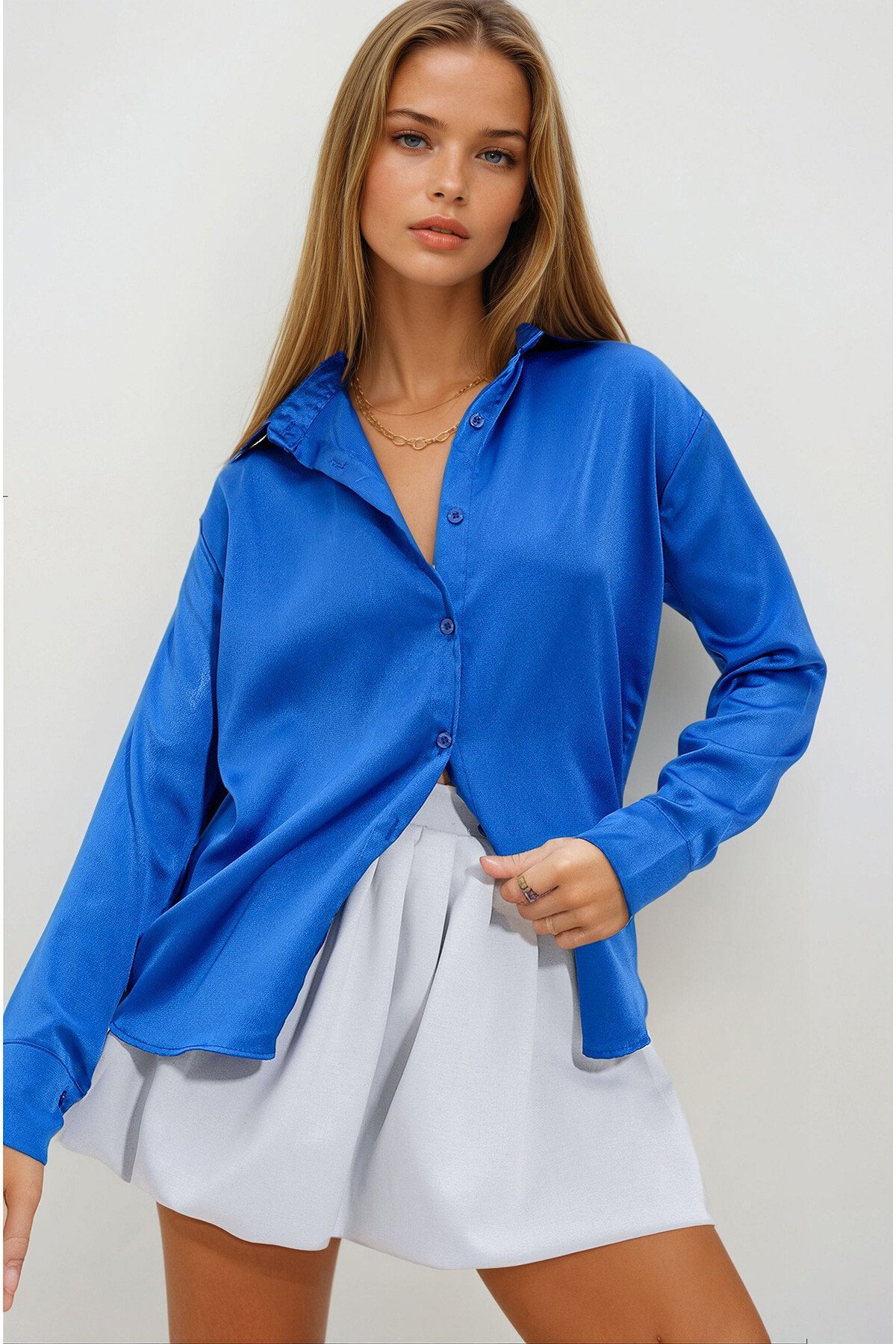 Saks Rahat Kesim Saten Dokuma Gömlek