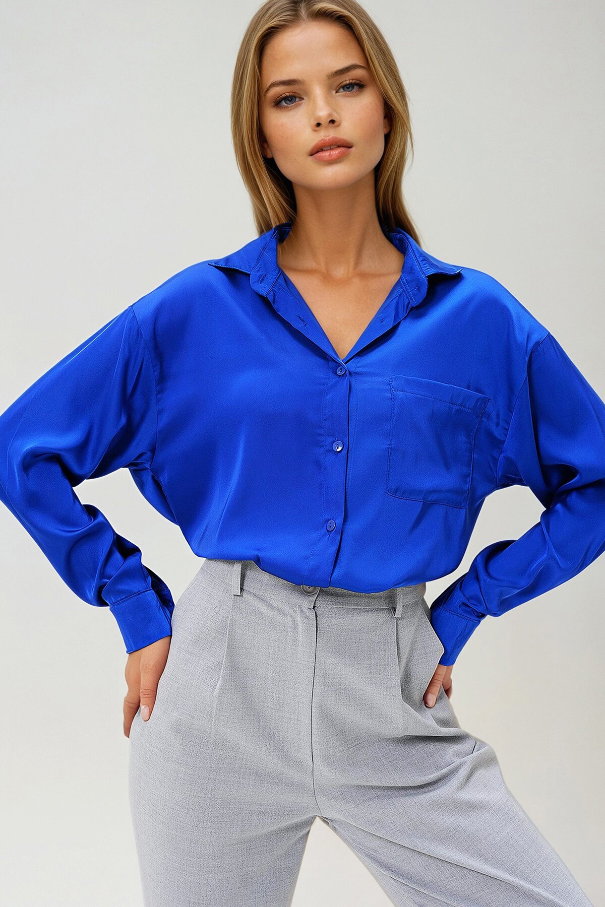 Saks Tek Cepli İpek Saten Oversize Gömlek