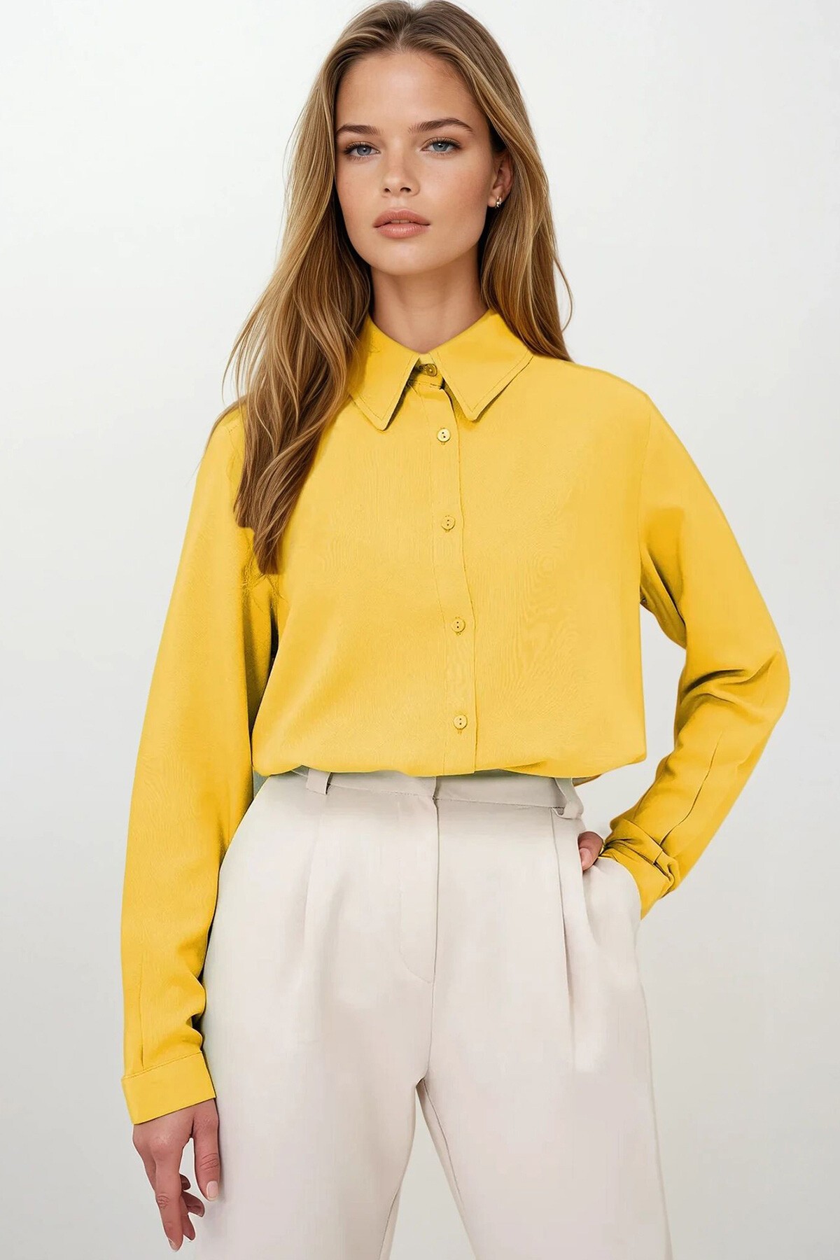 Sarı Basic Dokuma Gömlek