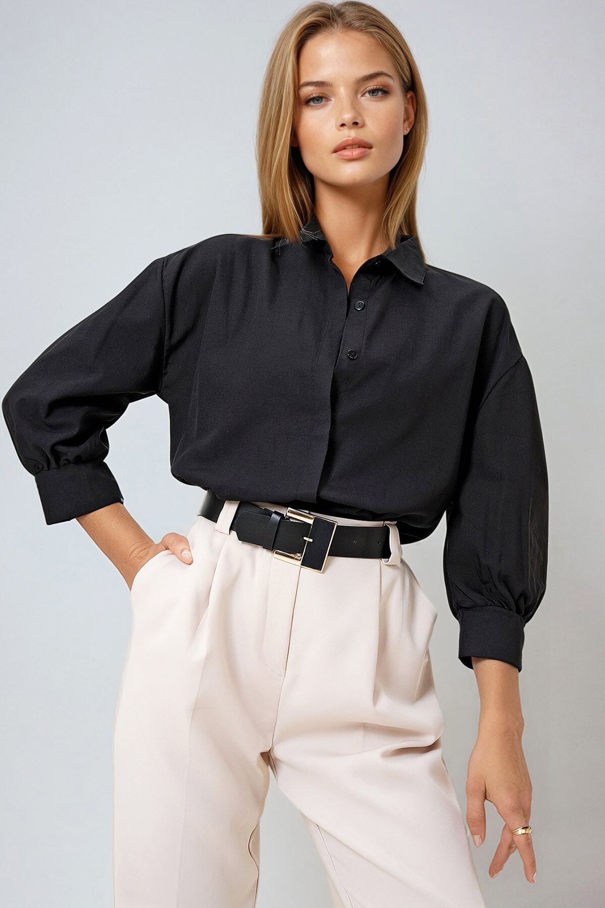 Siyah Balon Kol Gizli Patlı Dokuma Gömlek