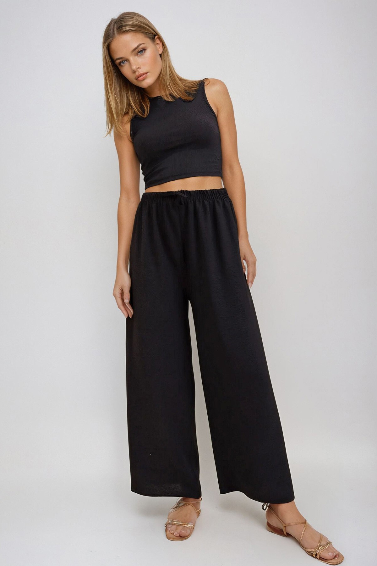 Siyah Beli Lastikli Rahat Kesim Aerobin Pantolon