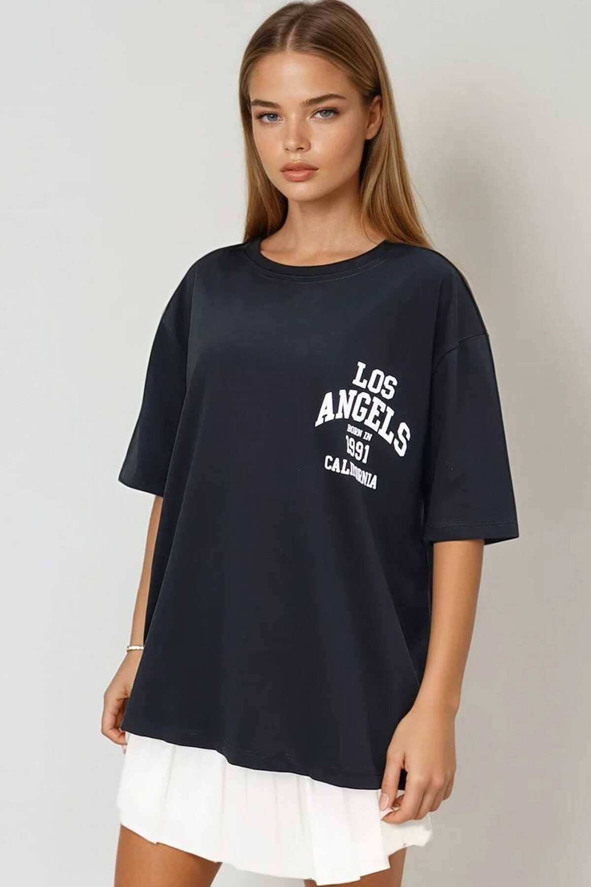 Siyah Bisiklet Yaka Baskılı Oversize T Shirt