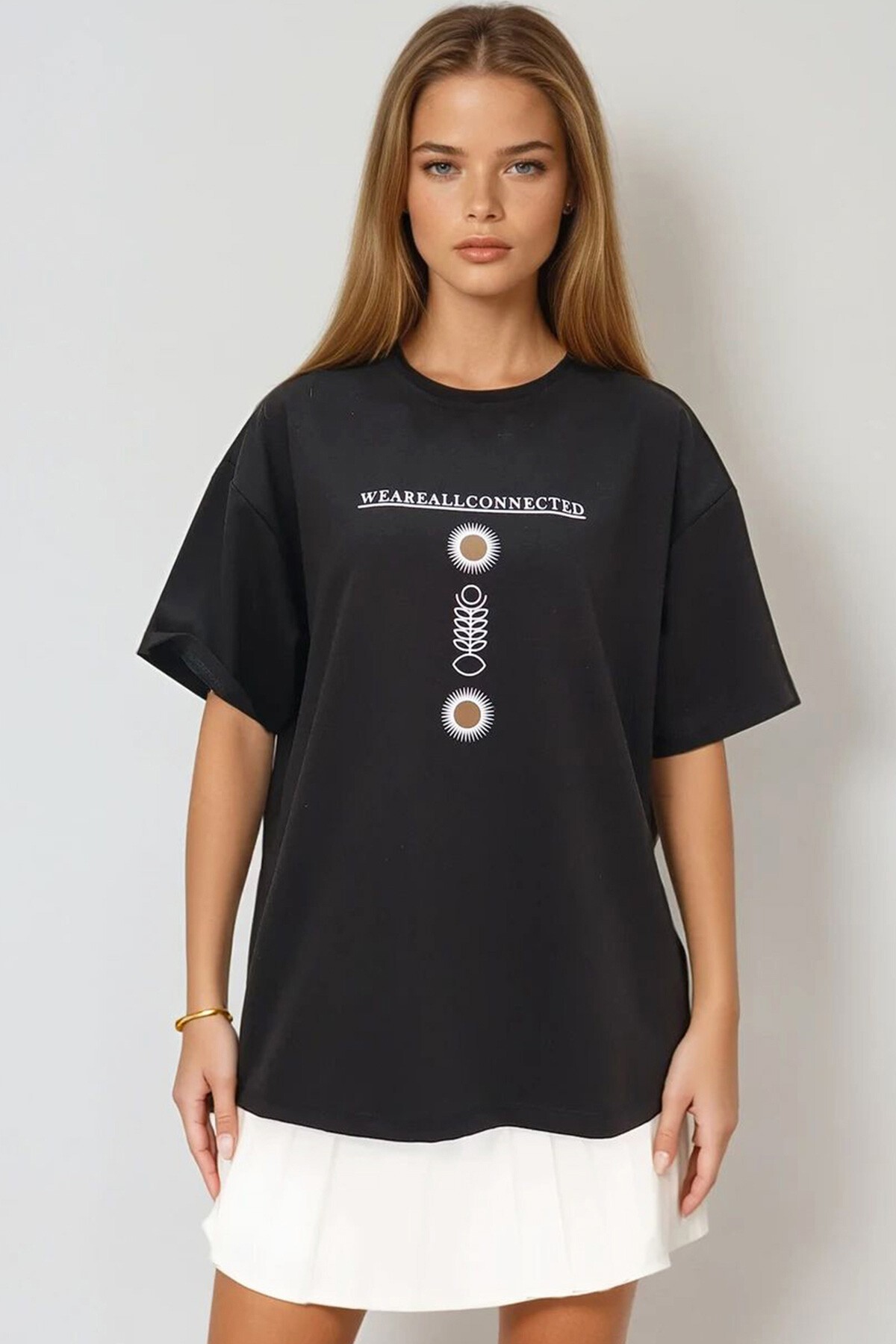 Siyah Bisiklet Yaka Baskılı Oversize Unisex T Shirt