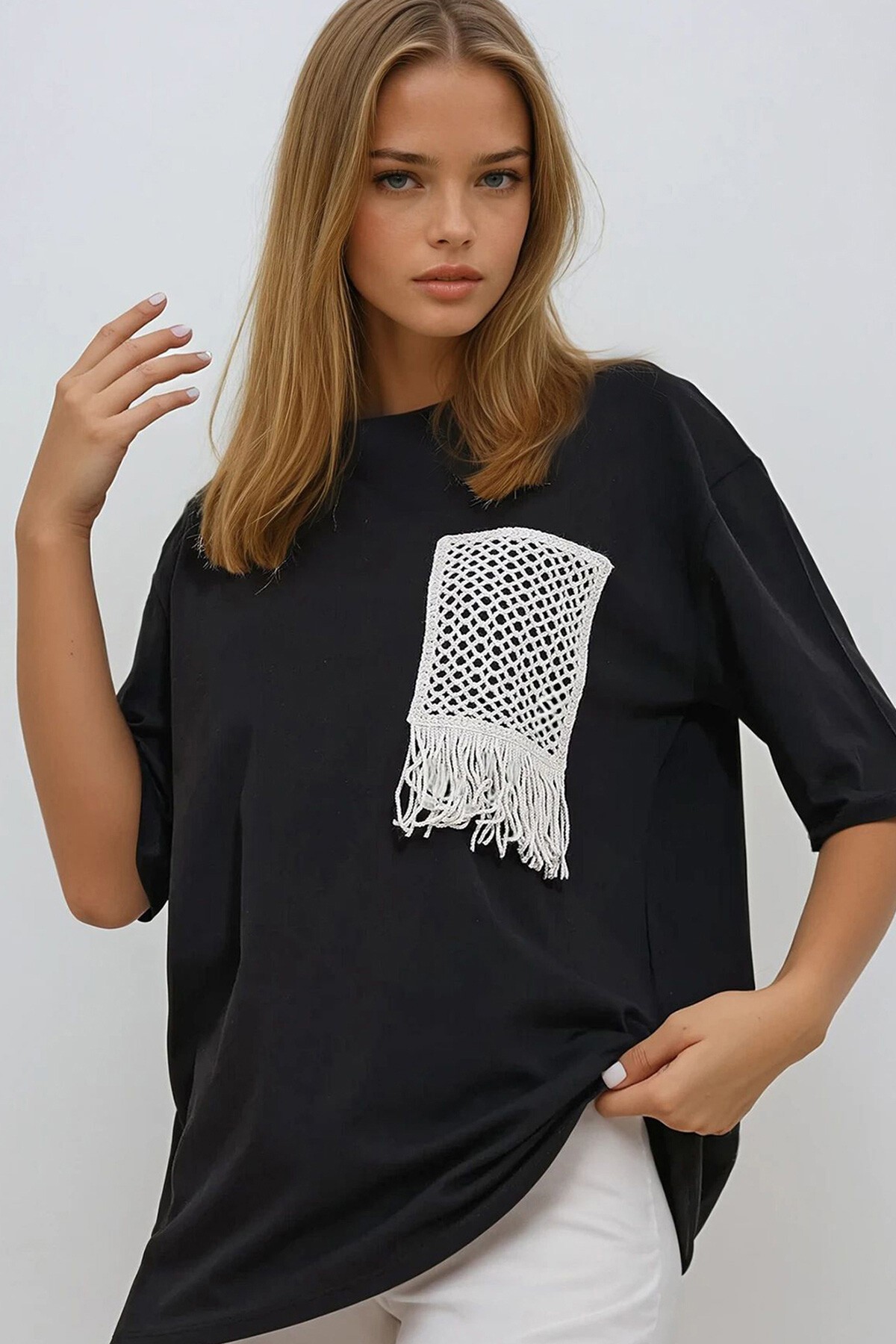 Siyah Bisiklet Yaka Örgü Cepli İki İplik T Shirt