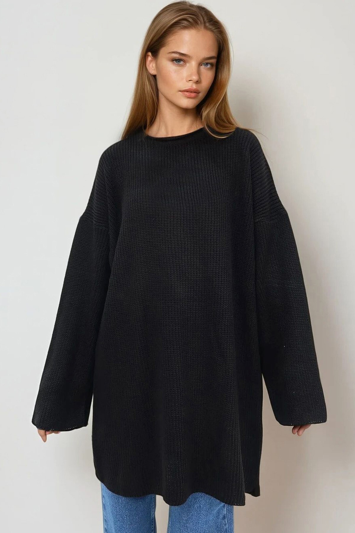 Siyah Bisiklet Yaka Selanik Örgü Triko Elbise