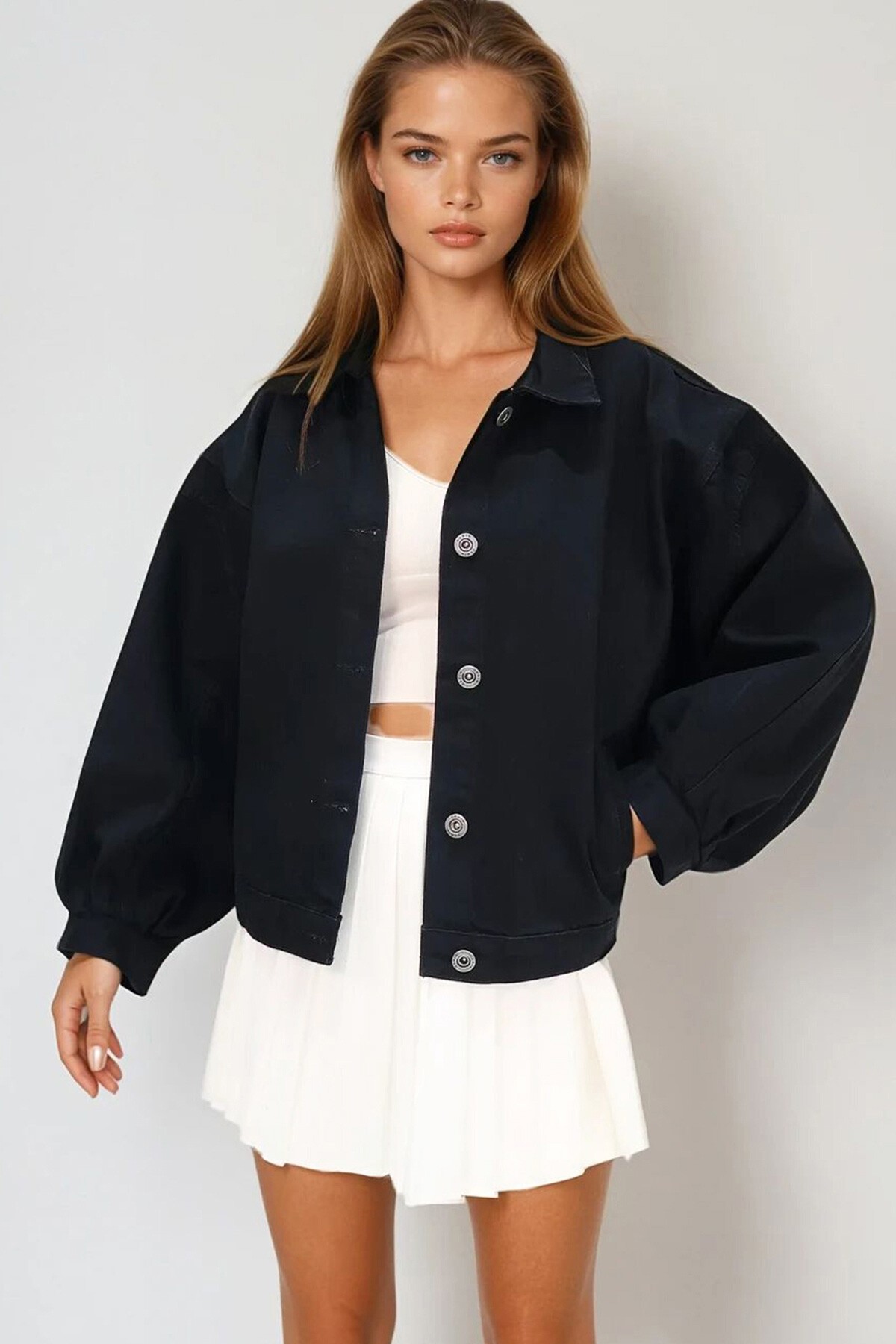 Siyah Çift Cepli Balon Kollu Jean Ceket