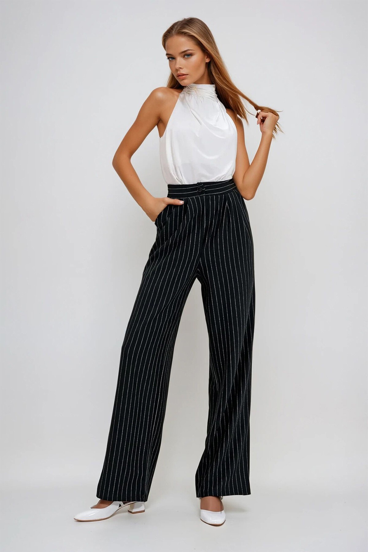 Siyah Çift Cepli Çizgili Palazzo Pantolon