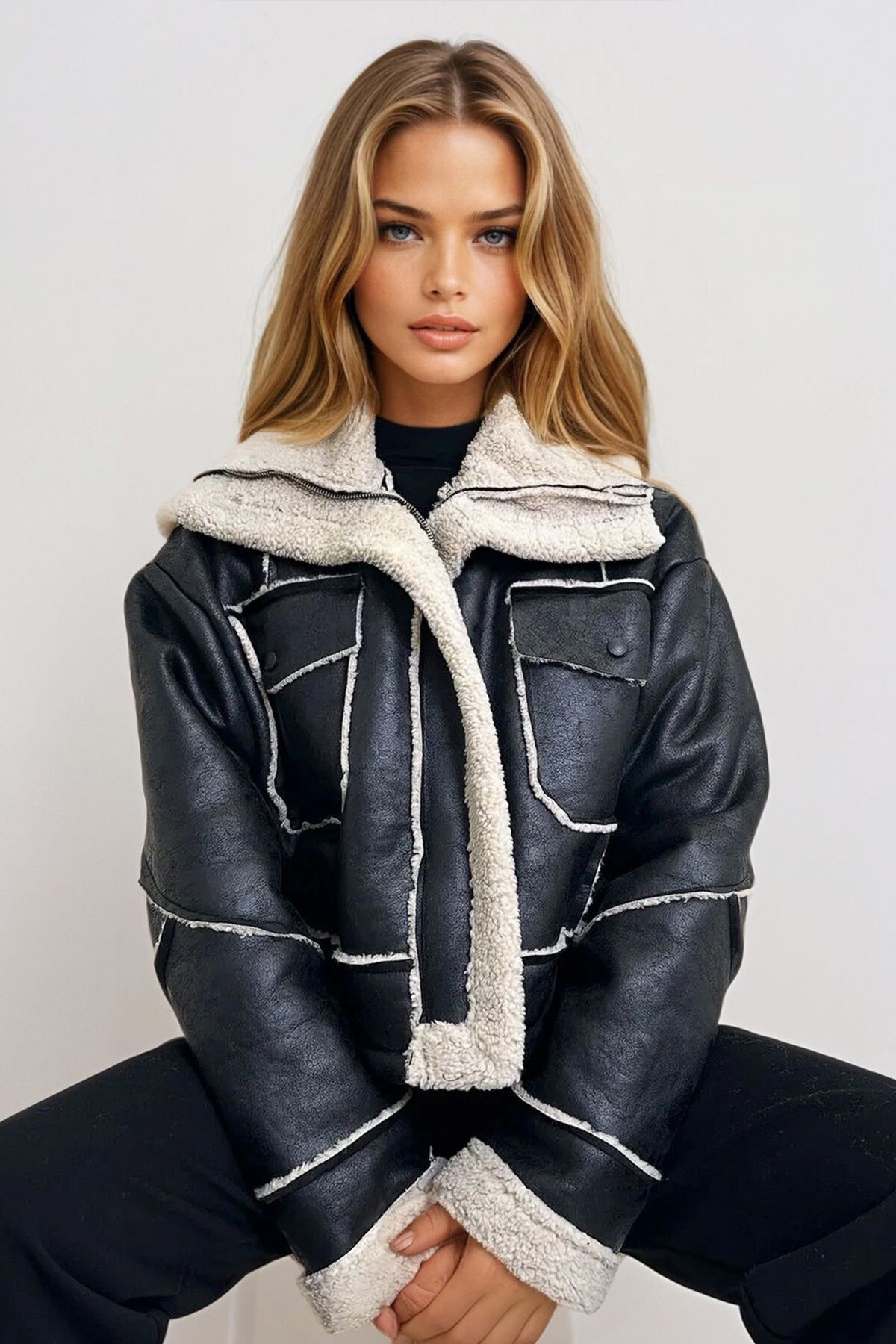 Siyah Çift Cepli İçi Kürklü Fermuar Kapamalı Ceket