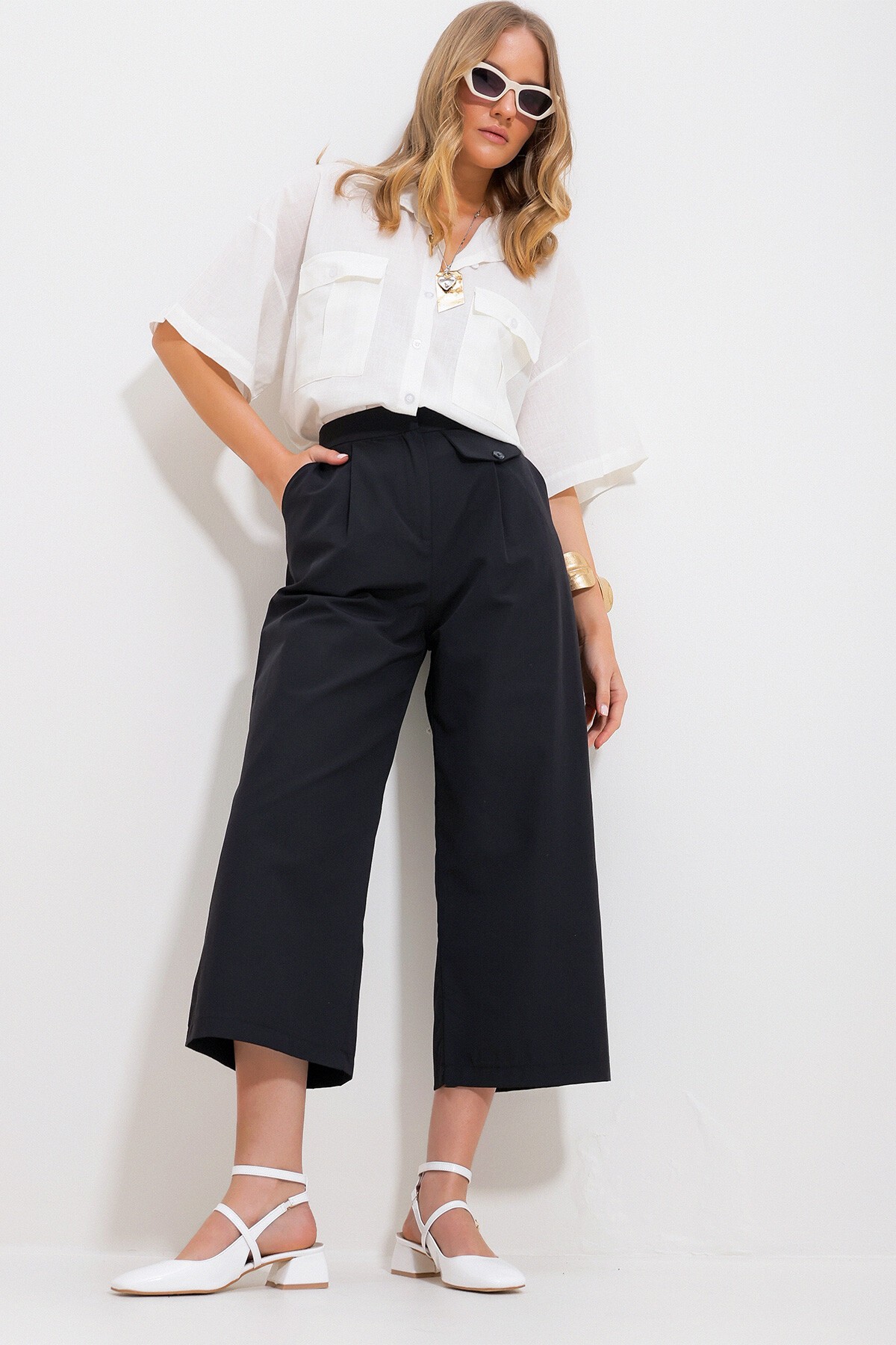 Siyah Çift Cepli Palazzo Dokuma Pantolon