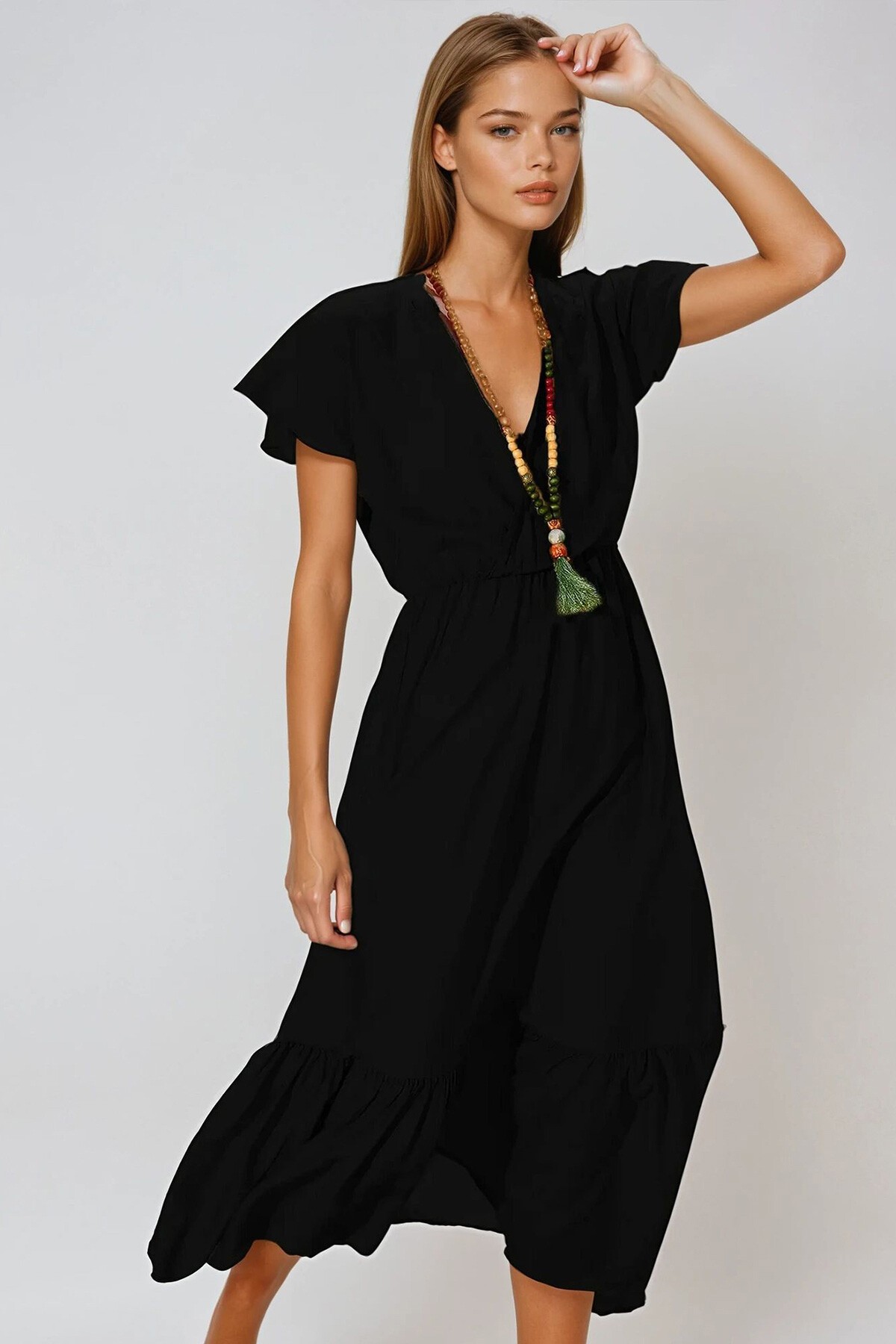 Siyah Çizgili Desenli Kruvaze Maxı Boy Elbise