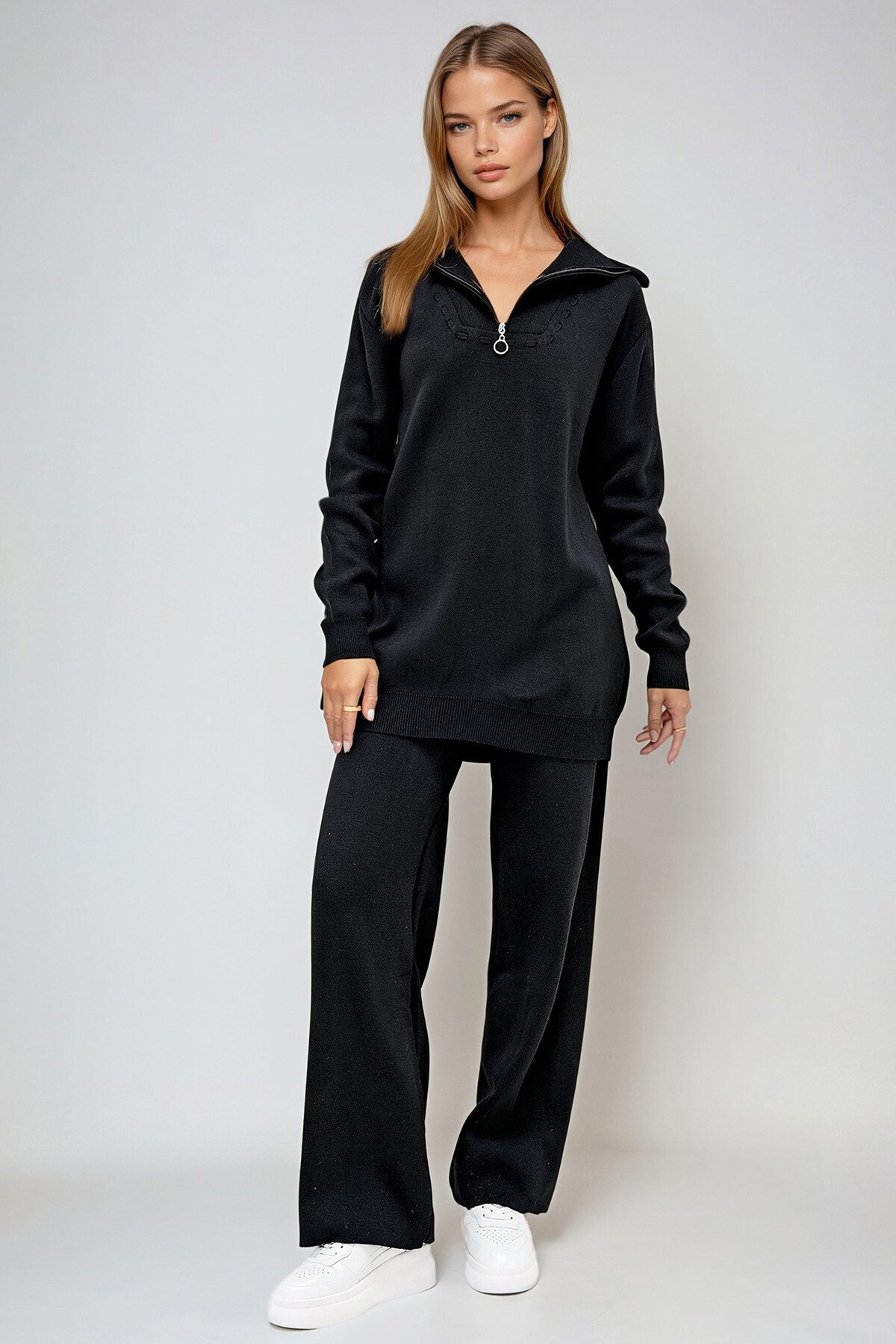 Siyah Denizci Yaka Çoban Dikişli Triko Kazak Ve Beli Lastikli Yüksek Bel Pantolon İkili Takım