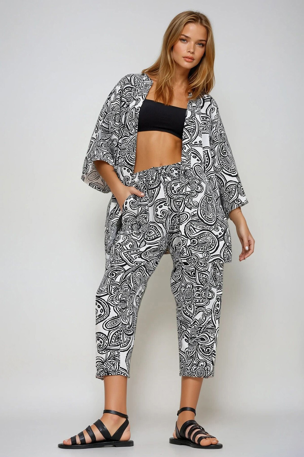 Siyah Desenli Kimono Ceket Ve Pantolonlu Keten Dokuma Alt Üst Takım