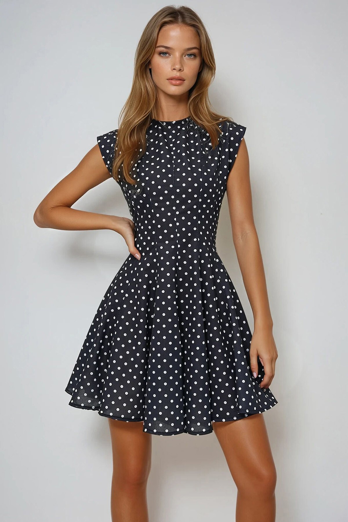 Siyah Dik Yaka Puantiye Desenli Kolsuz Dokuma Kloş Elbise