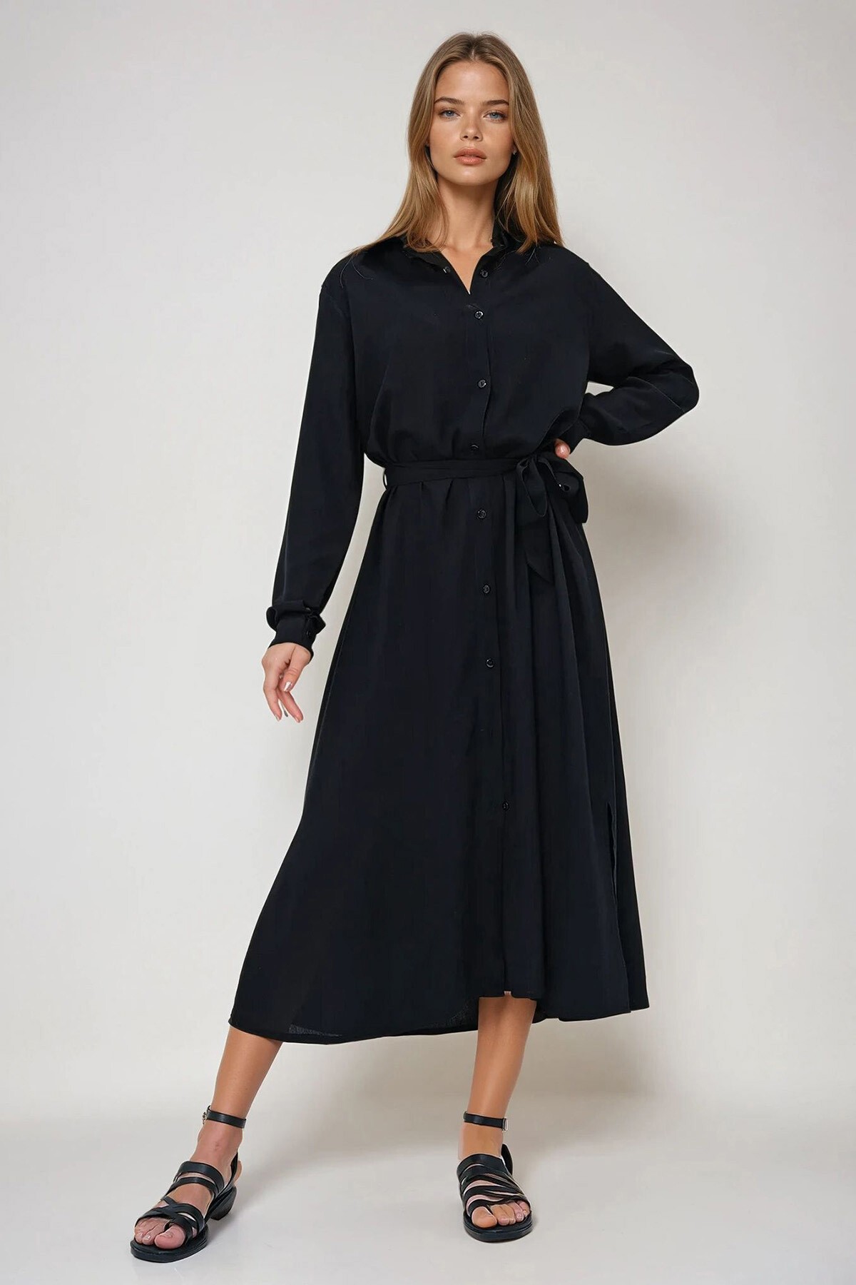 Siyah Dokuma Viskon Gömlek Elbise