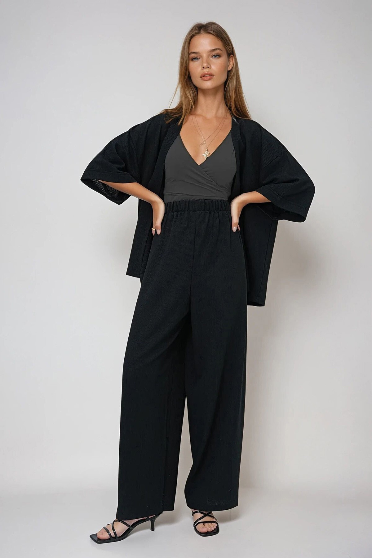 Siyah Duble Kol Bürümcük Kumaş Yazlık Kimono Ve Pantolon Takım