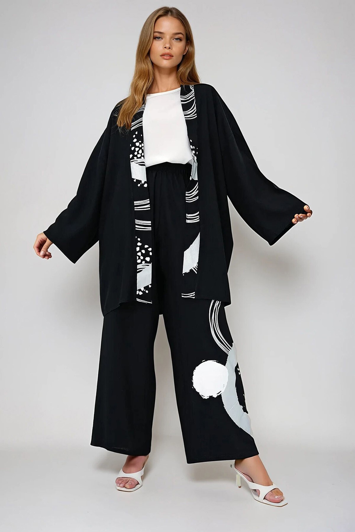 Siyah Geometrik Desenli Yazlık Oversize Kimono Basic Bluz Ve Palazzo Pantolon Takım