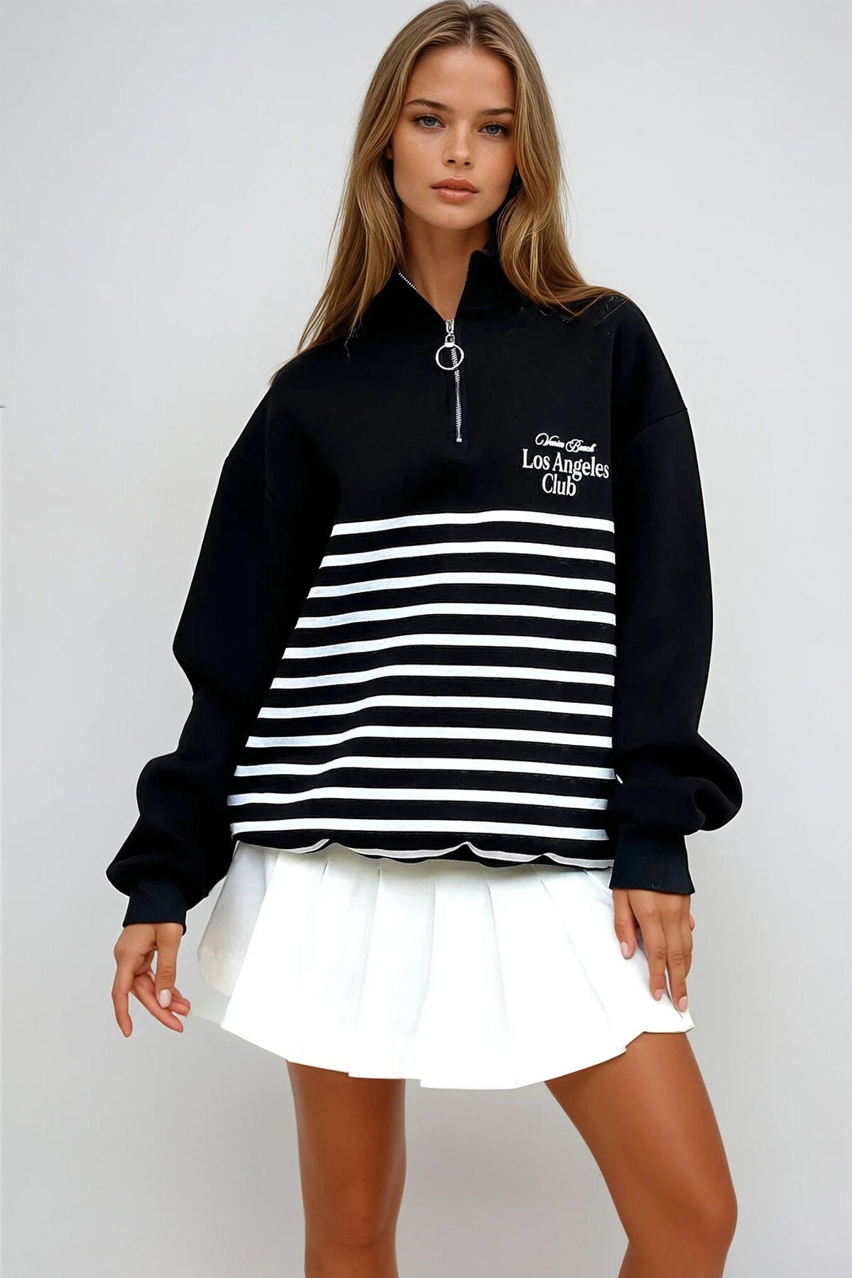 Siyah İçi Şardonlu Baskılı Fermuarlı Sweatshirt