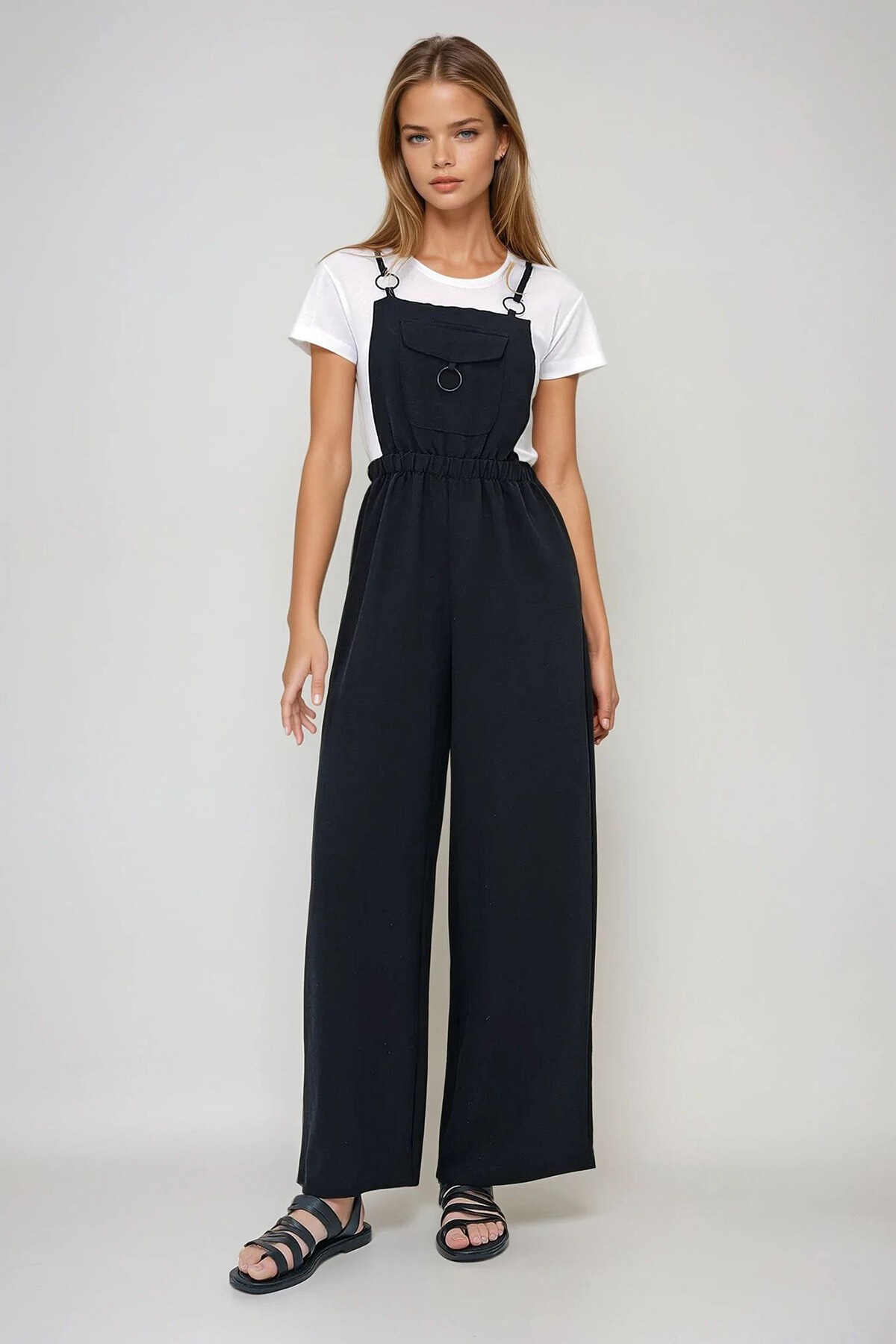 Siyah Önü Cepli Askılı Halka Detaylı Aerobin Salopet Pantolon