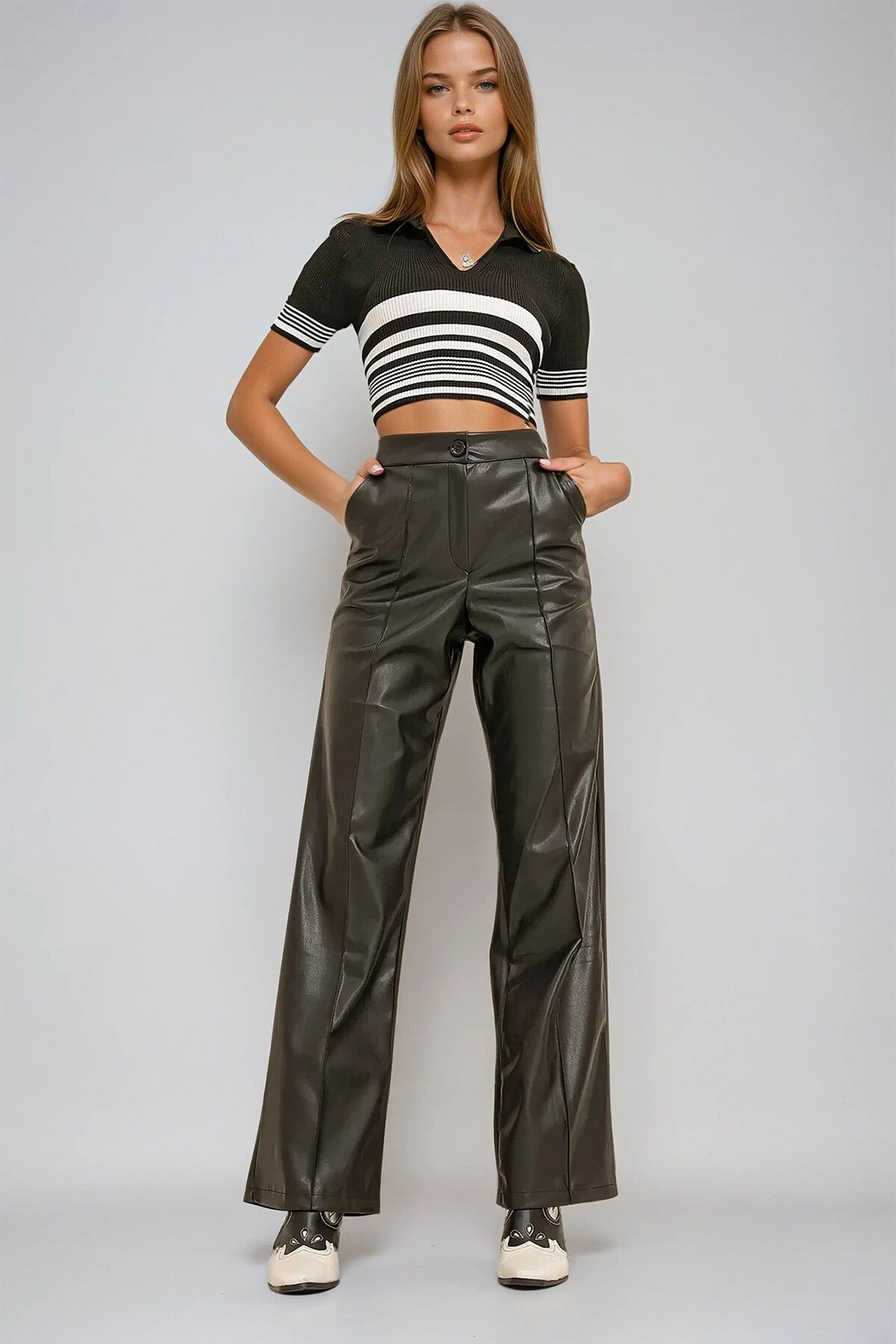 Siyah Önü Çimalı Çift Cepli Suni Deri Palazzo Pantolon